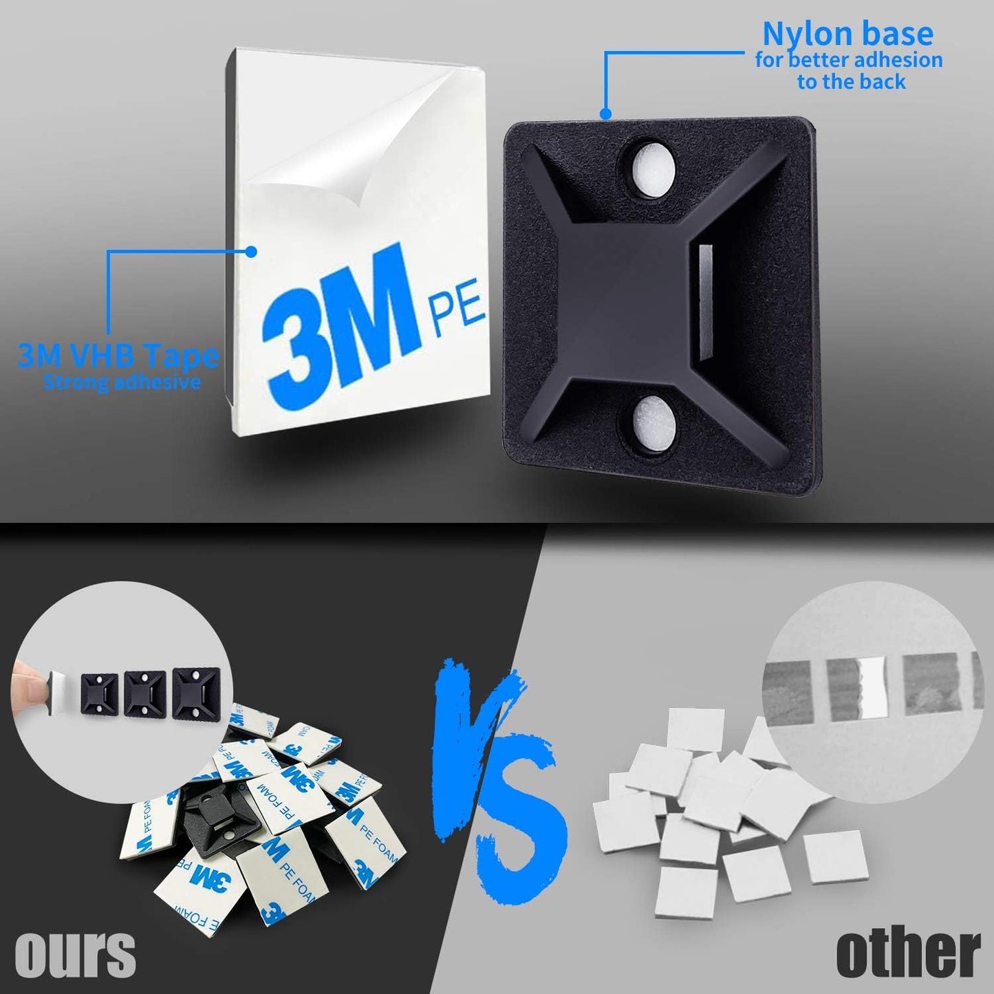 4/5" 100 Pack HUASAI Zip Tie Mount With Cable Ties,Self Adhesive-backed Mounts for Wire Holder, Black Cable Management