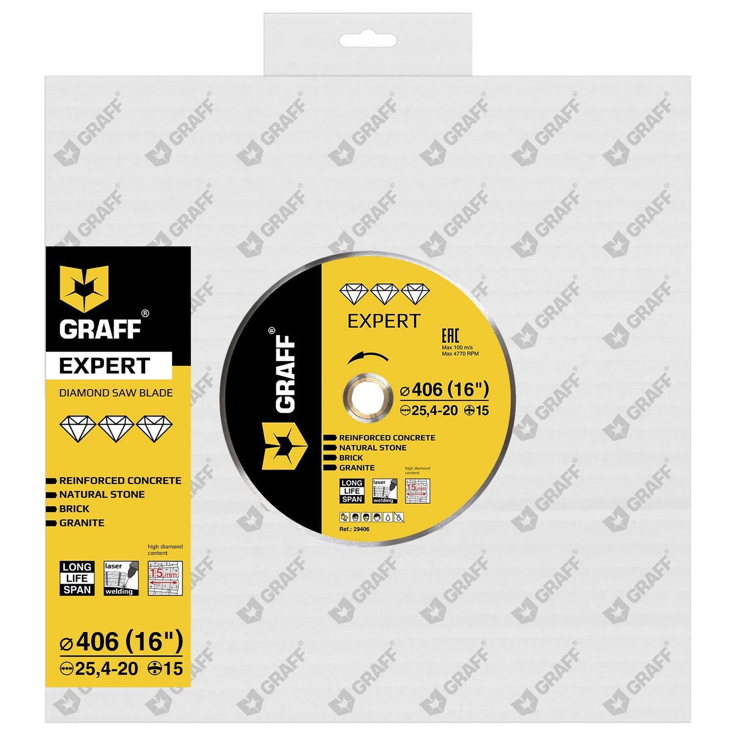 Laser Welded Diamond Blade 16 Inch — Diamond Cutting Wheel for Cutting Reinforced Concrete, Stone, Marble, Granite, Brick, Masonry — Diamond Saw Blade Segment Height 0.591 (15 mm) — GRAFF