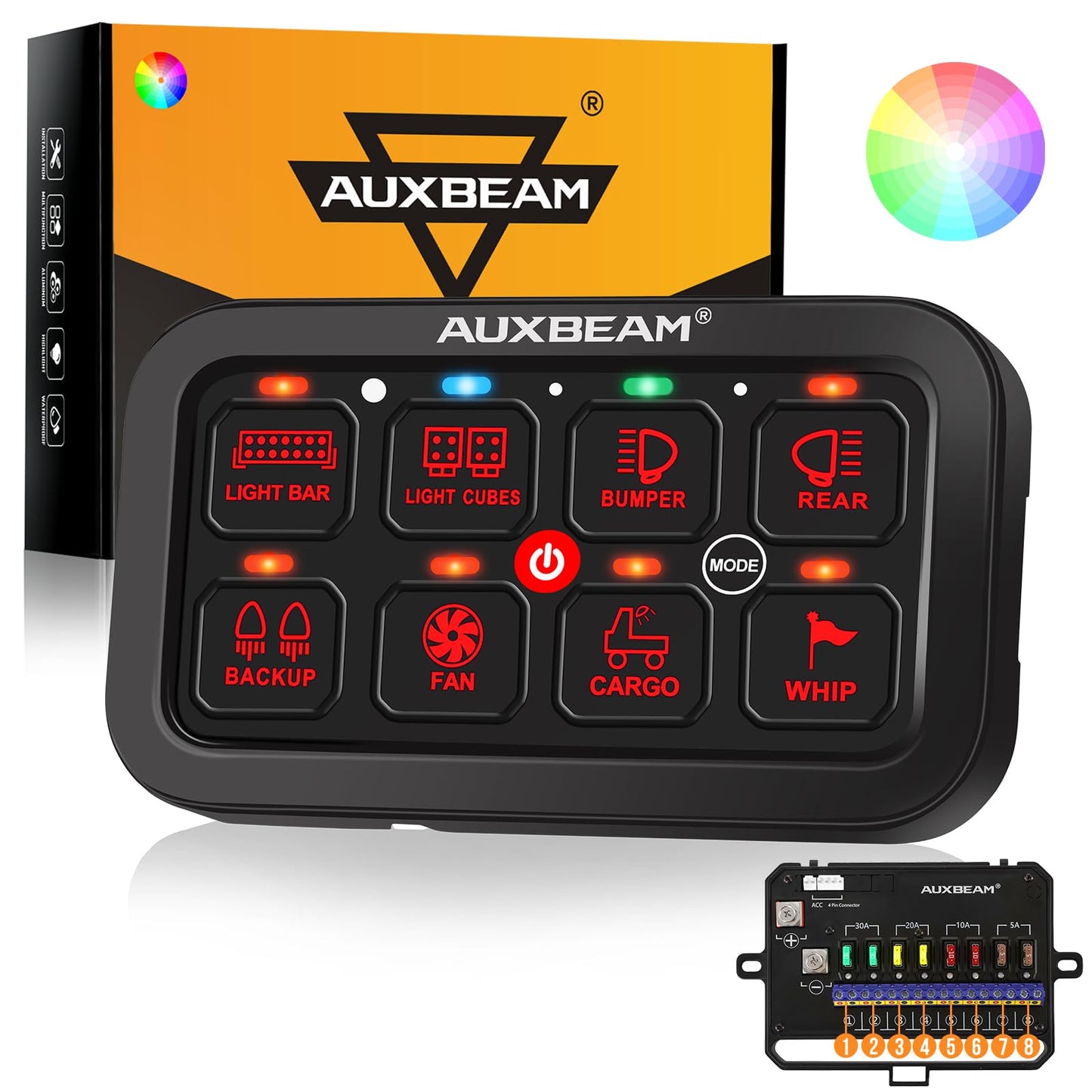 Auxbeam 8 Gang Switch Panel RA80 Toggle Momentary Pulsed RGB Dimmable Multifunction Switch Panel Easy Installation Marine Switch Pod IP65 Waterproof for Car Boat RV, 3 Years Warranty