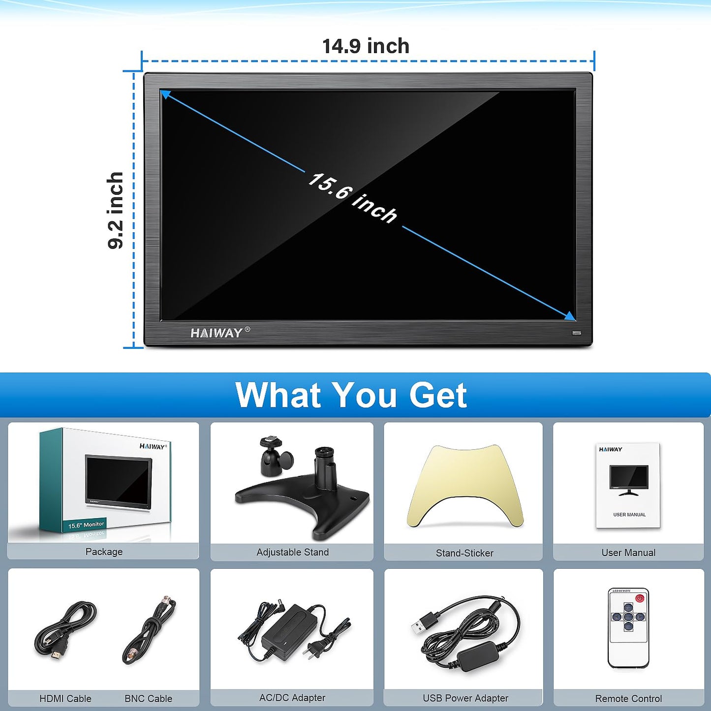 Haiway 15.6 inch Small Computer Monitor, High Resolution 1920x1080P Small hdmi Monitor with HDMI/VGA/BNC/AV/USB Port for PC, Laptop, CCTV Security Monitors with Remote Control, Built-in Speakers