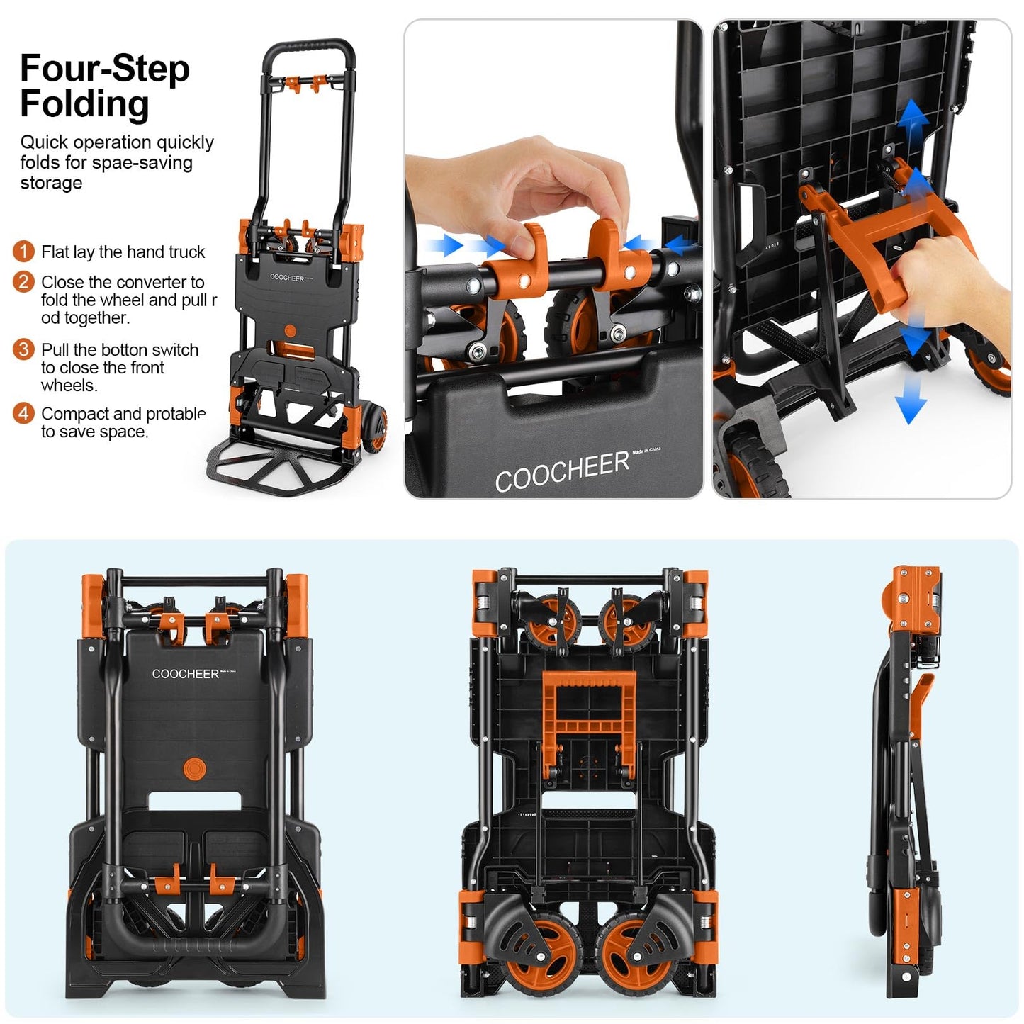 330LB Folding Hand Truck Heavy Duty Carrying, Combination of Four Wheels and Two Wheels Convertible Dolly Cart with Retractable Handle Dolly for Moving Office Carts(Orange)