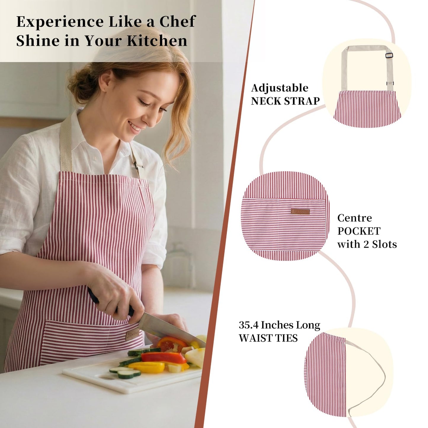 ARBINSON 2 Pack Cooking Aprons Adjustable Bib Apron for Women with 2 Pockets, Kitchen Restaurant Men Chefs Aprons (Pink/Beige Stripes)