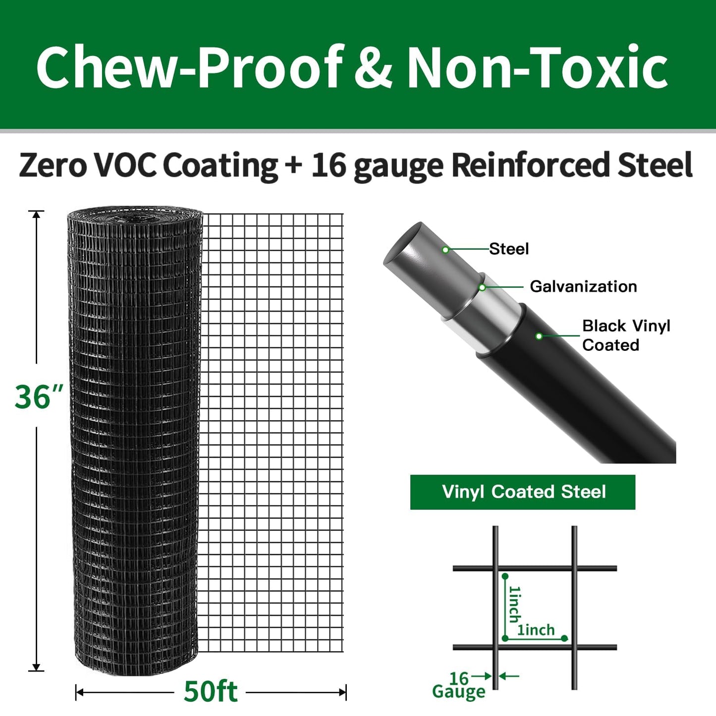 Amagabeli Black Hardware Cloth 1 x 1 inch 36inch x 50ft Heavy Duty PVC Vinyl Coated Wire Mesh Roll Weld Wire Fence Chicken Wire 12 Gauge Garden Fence Chicken Coop Fencing Gopher Rabbit Tree Guard