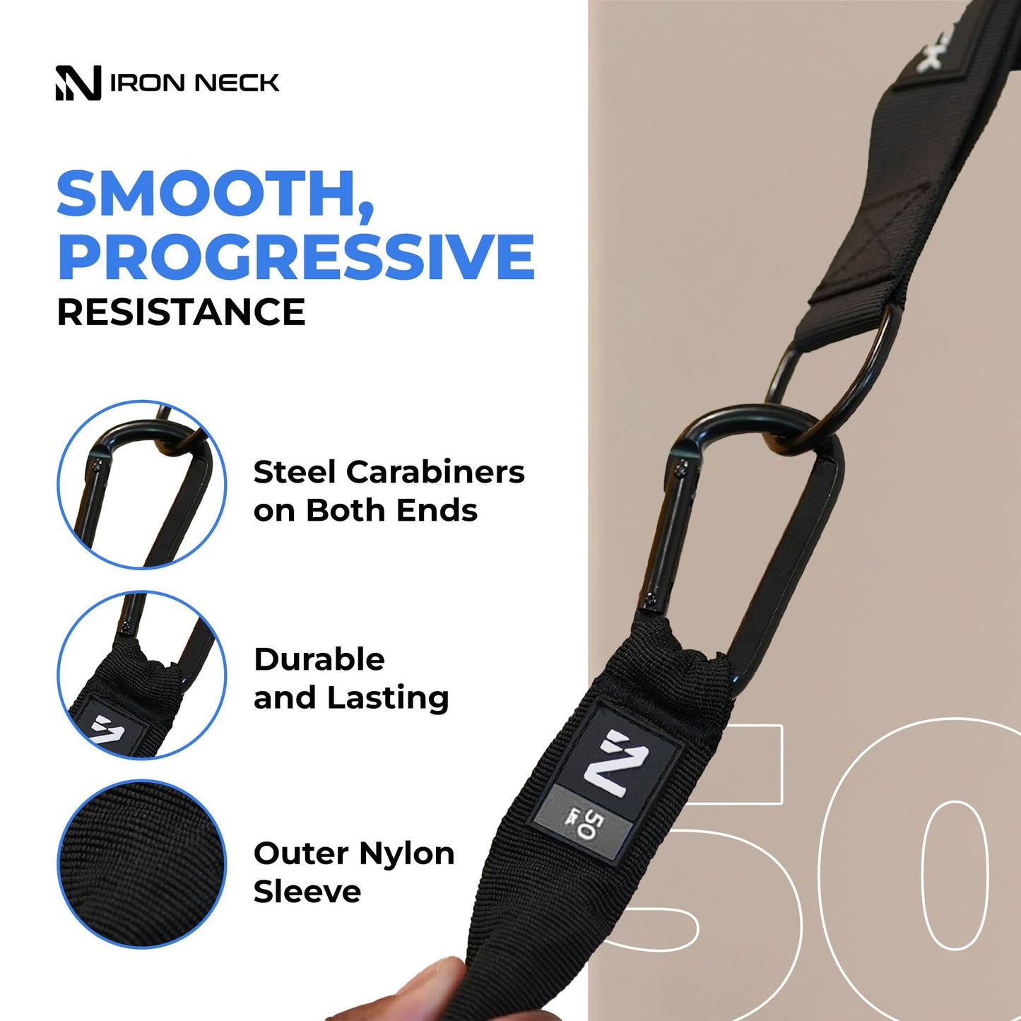 Iron Neck Resistance Band - Durable Exercise Band with Steel Carabiners for Neck Trainer, Exerciser, & Strengthener - Training, Strength Workouts, Stretching, & Rehab - for Home & Gym Use - 50 lbs.