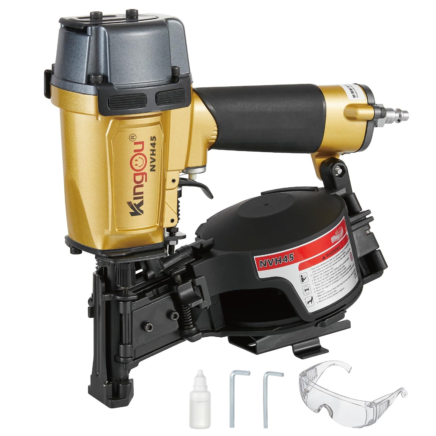 Kingou NVH45 Roofing Nailer Gun For Roofing Constructions Accepts 7/8-Inch to 1-3/4-Inch Nails 15 Degree With 3/8 NPT Air Connector 120-pcs Load Capacity Roofing Nailer