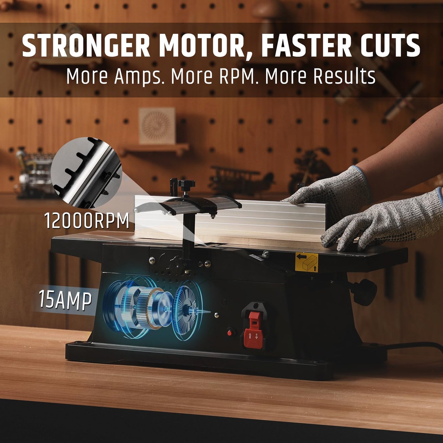 WOODSTARTER 6-Inch Benchtop Jointer with 15 Amp Motor, 12000 RPM Cutting Speed, Adjustable Fence 90–135°, Up to 1/8" Depth, HSS Blades, Table Jointer To for Woodworking DIY