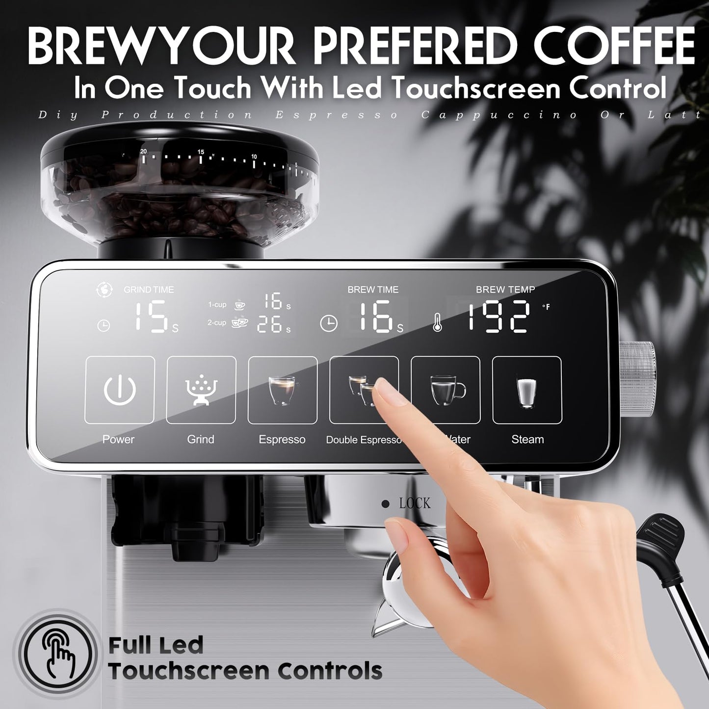 PULZO Espresso Machine with Grinder, 20 Bar Professional Coffee Machine with Milk Frother Steam Wand, All-in-One Stainless Steel Coffee Maker to Make Latte, Cappuccino, 67oz Detachable Water Tank