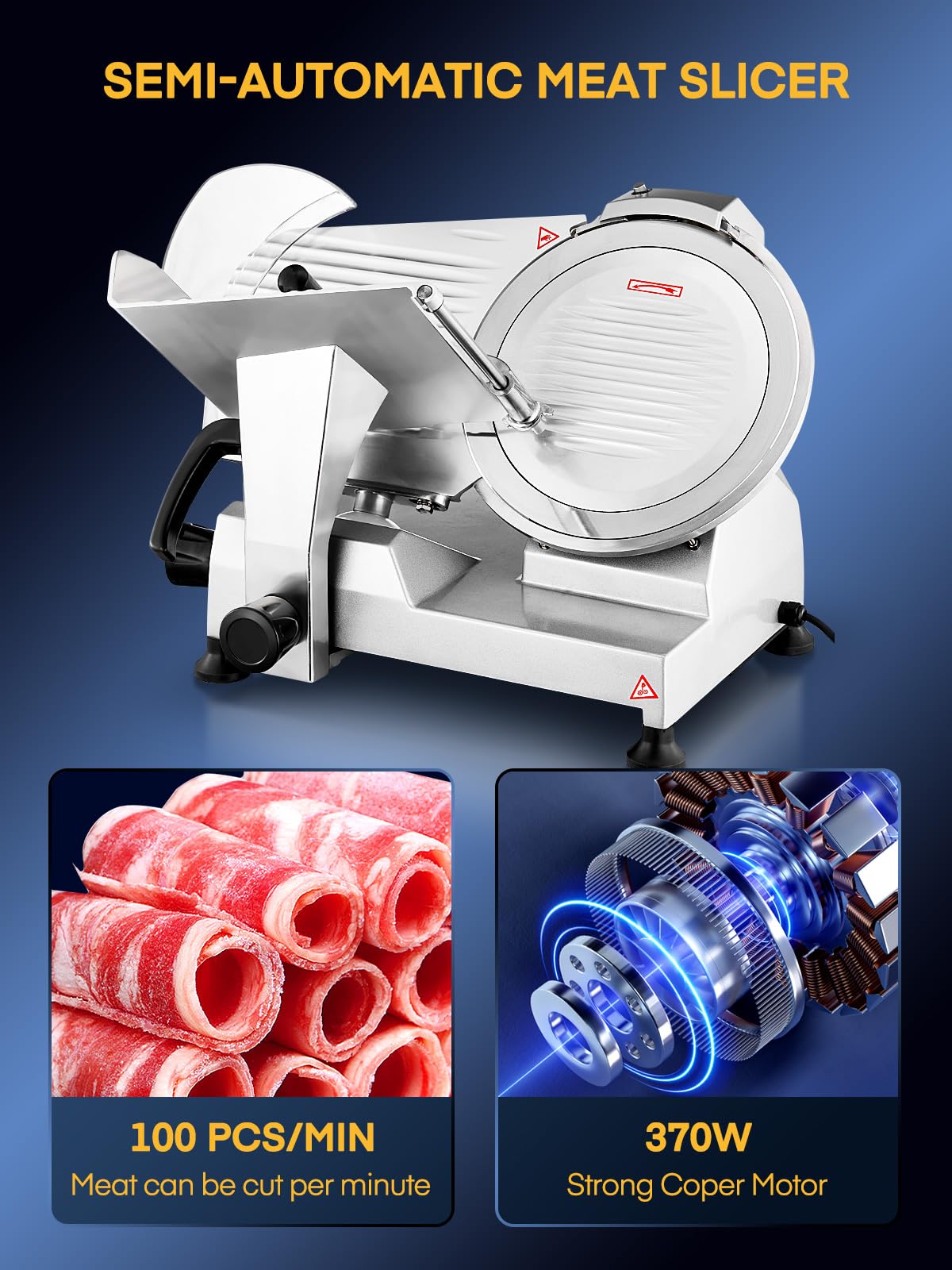 Meat Slicer Commercial 370W, 12 inch Electric Food Deli Slicer, 120 Pcs/Min Premium Chromium-plated Steel Blade, Semi-Auto Meat Slicer for Home Use