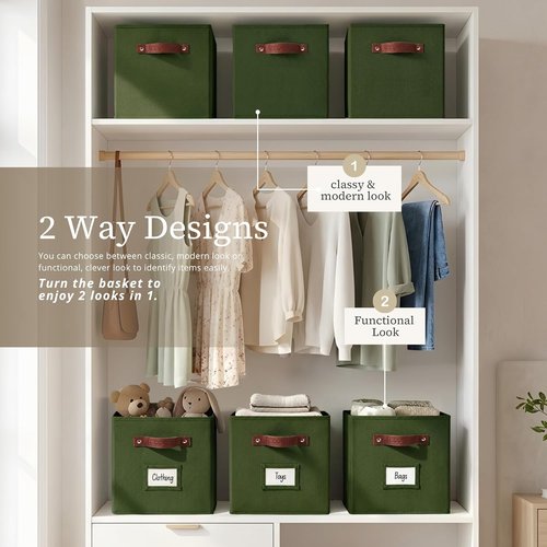 DECOMOMO Storage Baskets - 13x15x13 Cube Bins with Labels for Organized Shelves | Olive Green (4-Pack)