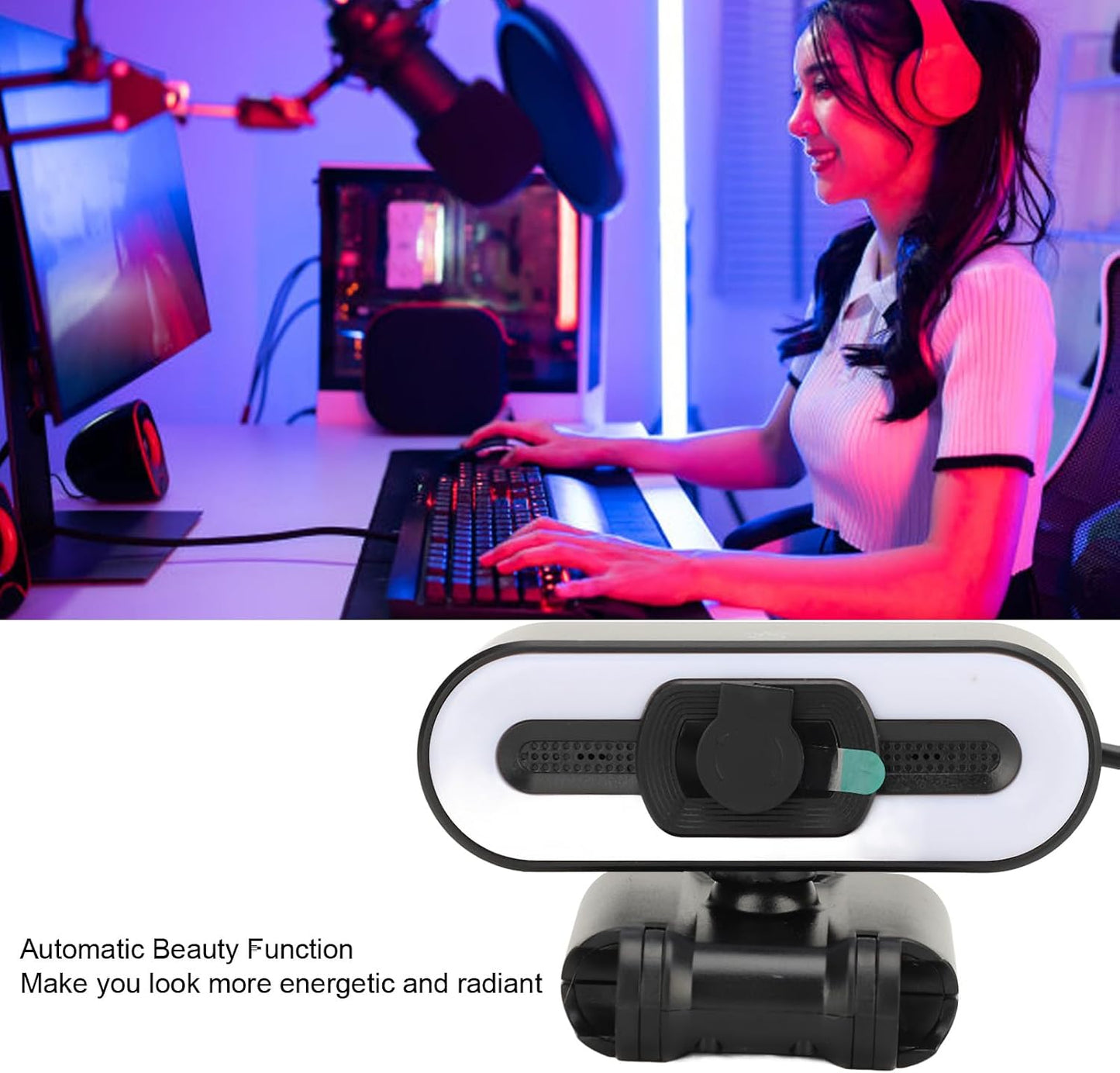 ASHATA 4K Digital Zoom, Webcam Built in Microphone, Super Bright Fill Light Auto Beauty USB PC Camera for Laptop