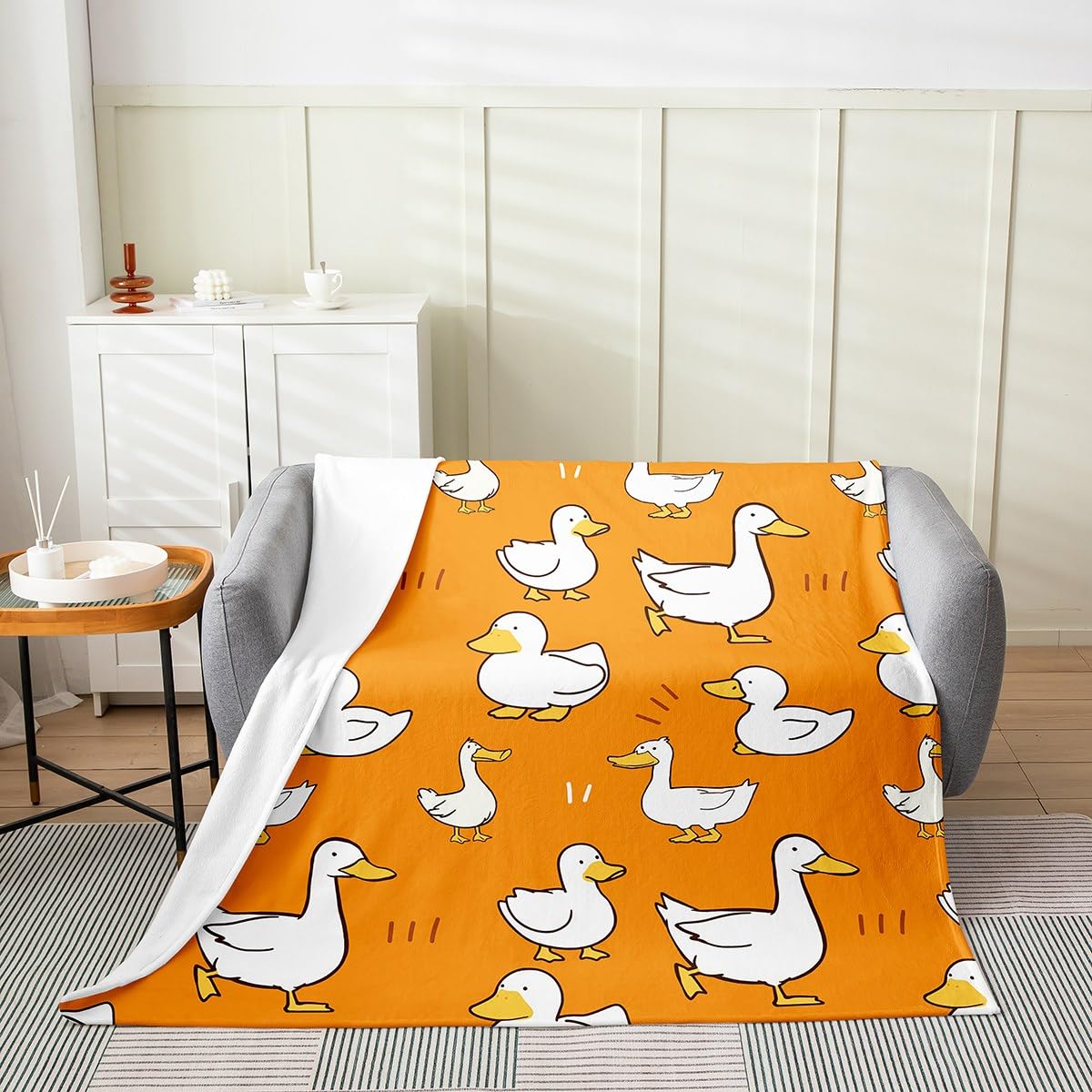 Erosebridal Lovely White Goose Bed Blanket 40x50 inch,Kids Throw Blanket for Child,Cartoon Duck Doodle Fleece Blanket,Hand Drawn Cute Farmhouse Animal Flannel Blanket Home Room Decor