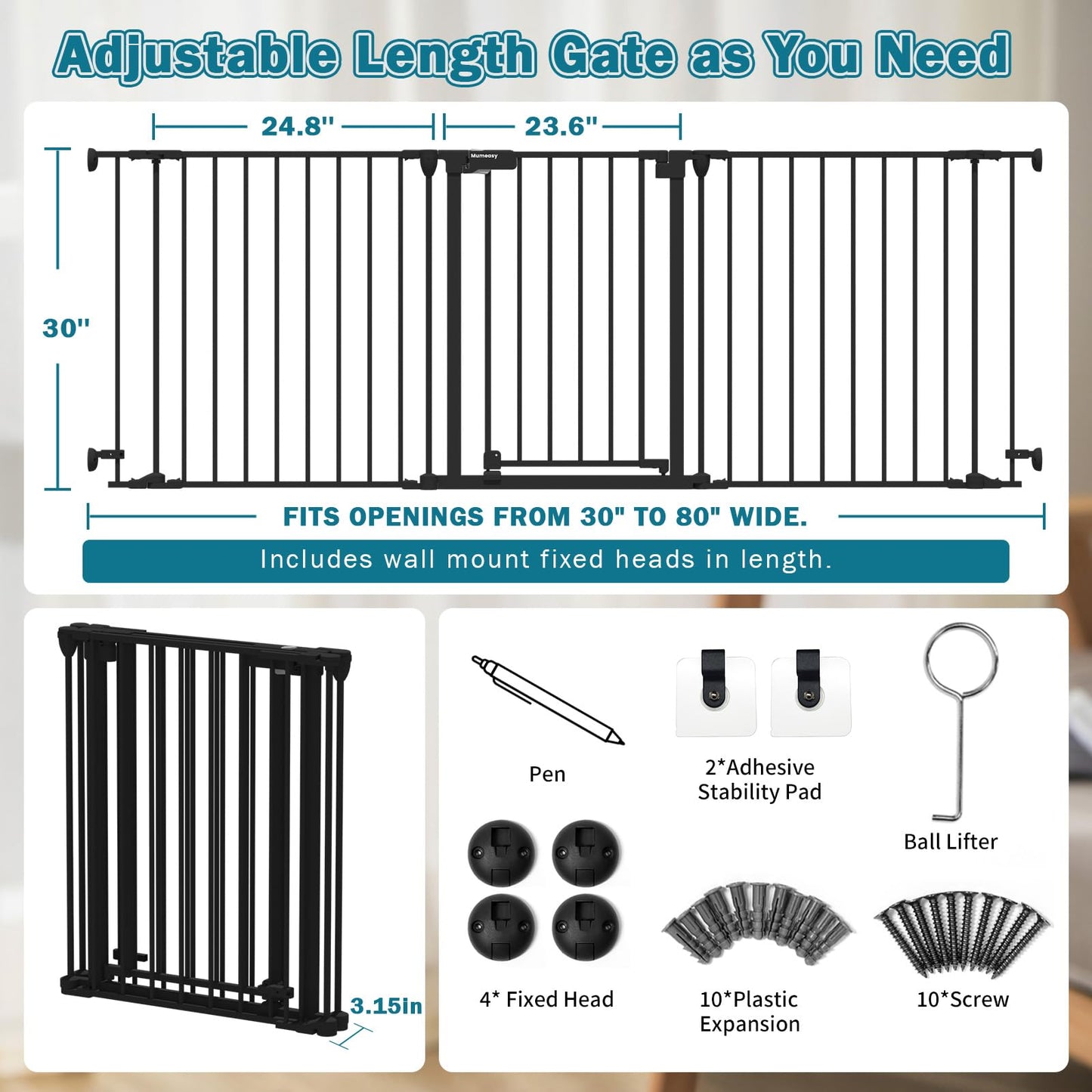 Mumeasy 80" Extra Wide Baby Gate for Doorways, Stairs & Fireplace, Auto Close Dog & Pet Gate with Walk Thru Door, 3 Metal Panels, Hardware Mounted Child Safety Fence for House, Indoor/Outdoor, Black