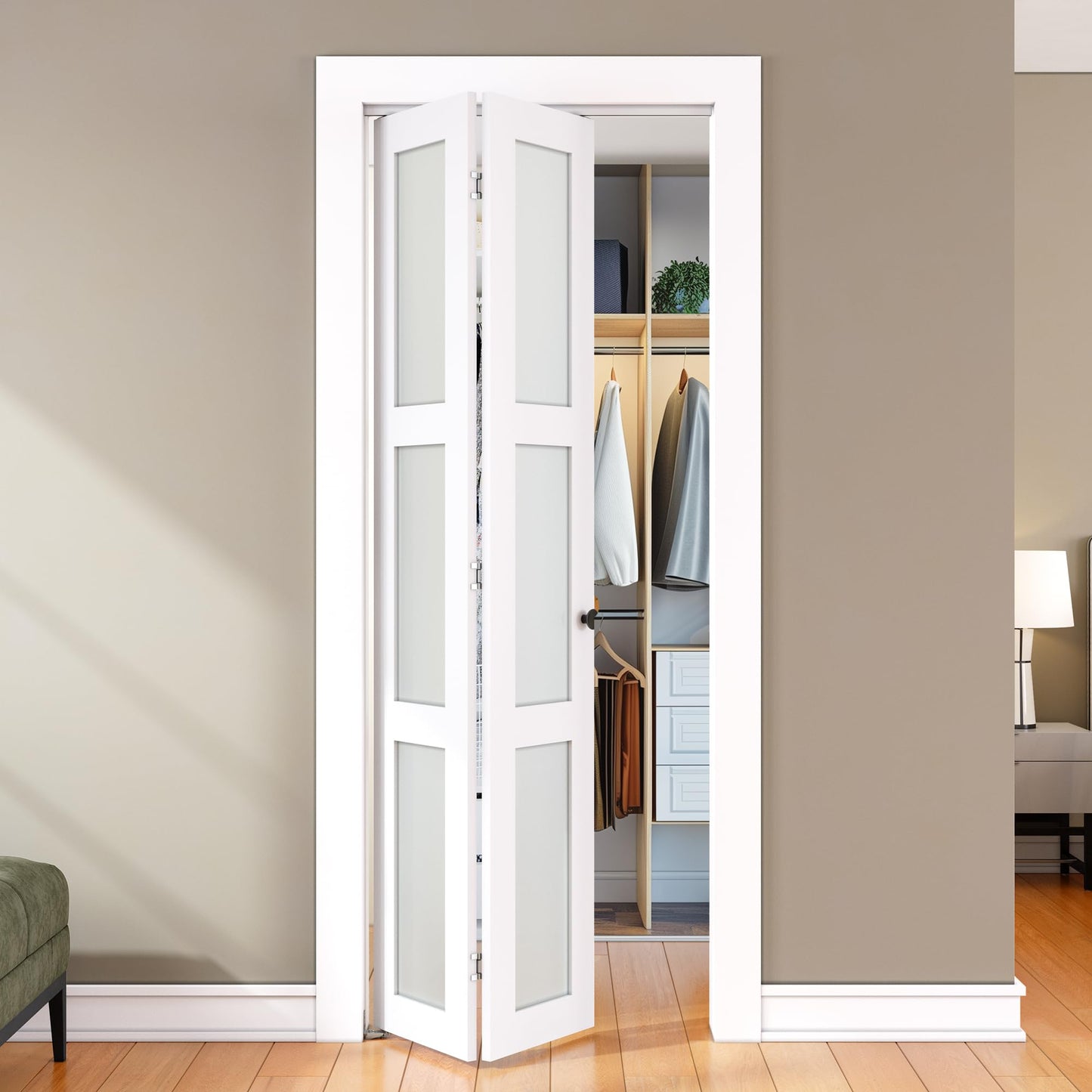 SMARTSTANDARD Bifold Door, for 30"x 80" Opening,Tempered Frosted Glass Closet Folding Barn Door with Hardware Kit, Water-Proof PVC Surface,Easy Install,White