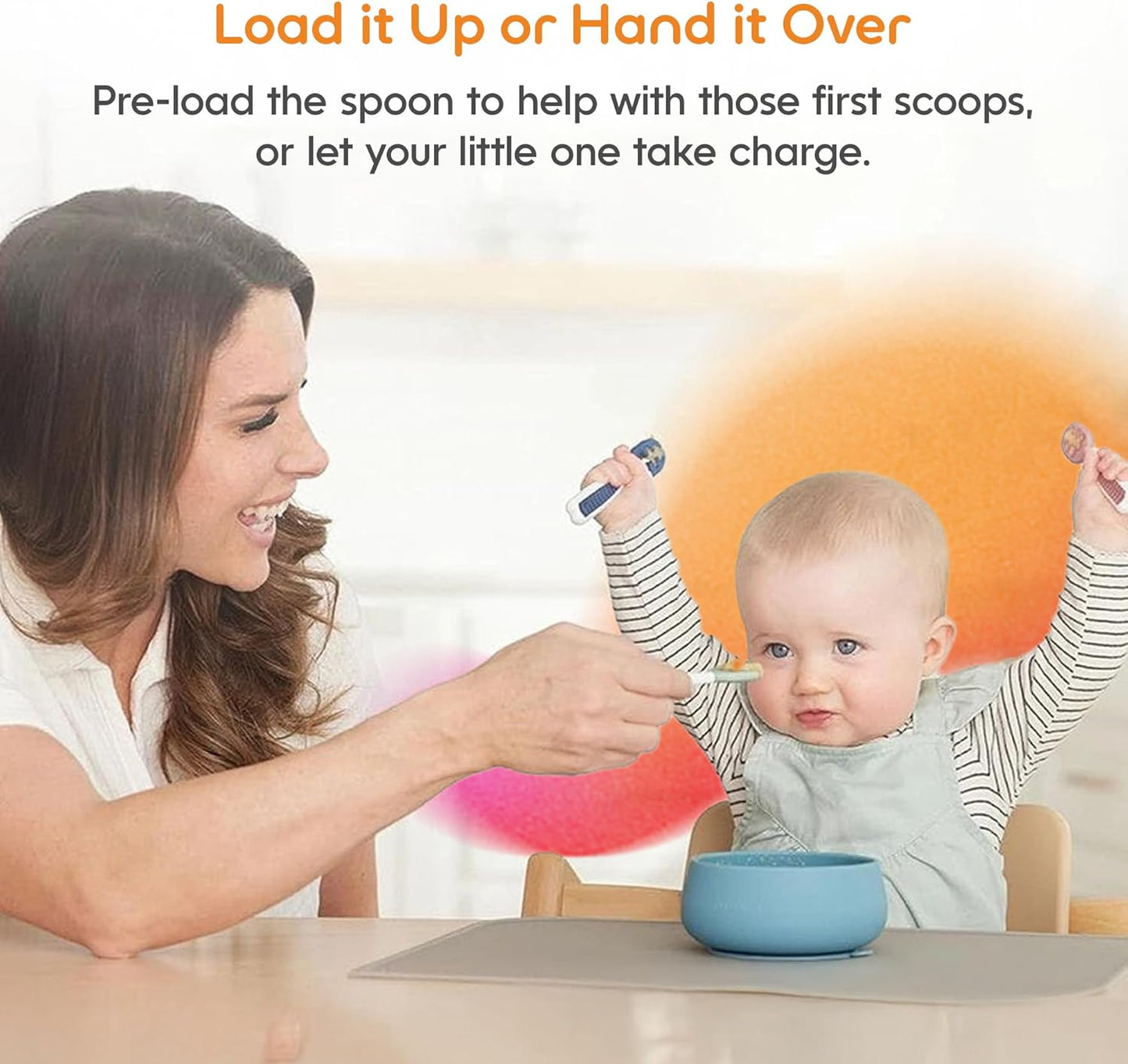NumNum Baby Spoons Set - GOOtensils for Self-Feeding | BPA-Free Silicone Utensils for 6+ Months, 2 Pack Blue/Orange