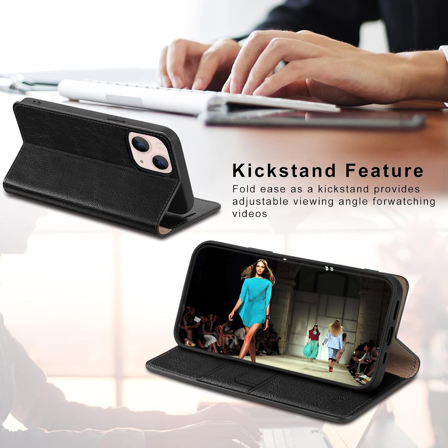 Belemay 15 (6.1-inch) Case Compatible with iPhone Wallet Case-Genuine Leather-RFID Blocking Card Holders-Shockproof TPU