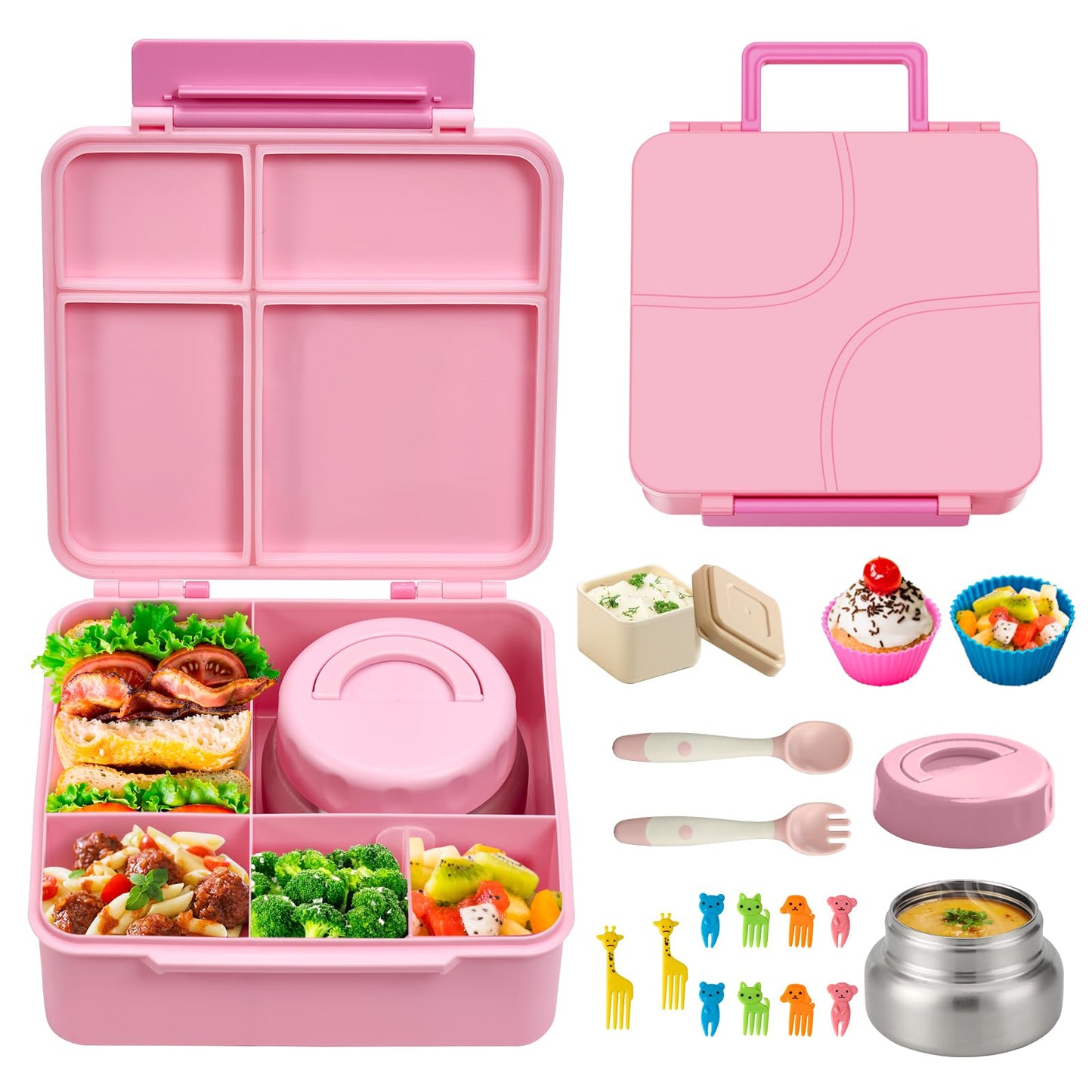 JSLOVE Bento Lunch Box with Leak Proof Thermos Food Jar for Kids, Food Lunch Containers for Girls with 4 Compartments, BPA-Free with Utensils, Food Picks, Sauce Jar & Silicone Lunch Box Dividers