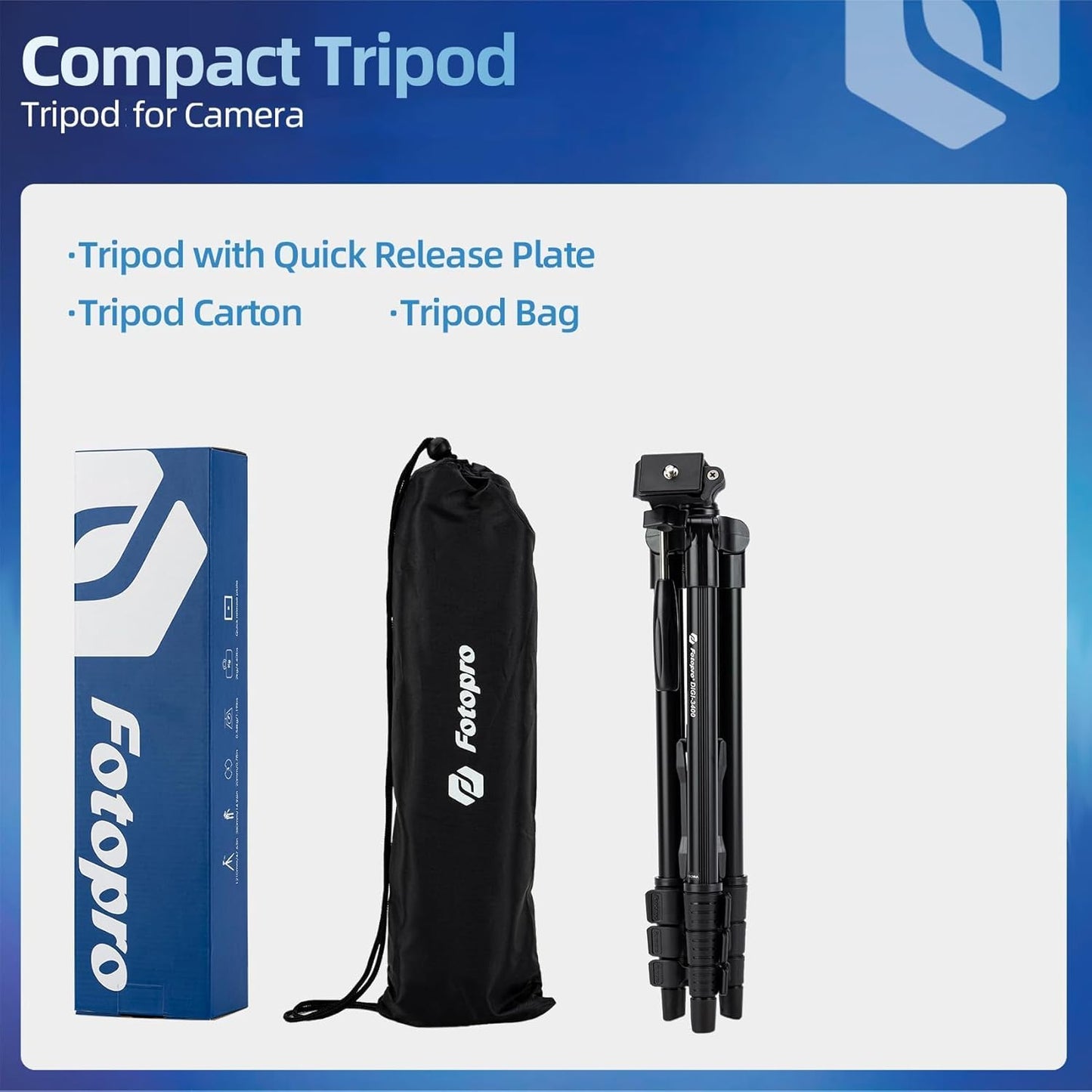 Fotopro 120cm 0.5kg 2kg DIGI-3400 Ultralight Compact Travel Tripod with Quick Release Plate and Panoramic Head Aluminum