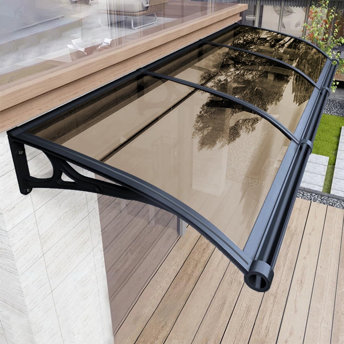 Awning for Door Entrance, Window Awnings Exterior with Aluminum Bracket Polycarbonate Board, Patio Balcony Porch, UV Rain Snow Protection Brown 60x140cm/24x55in