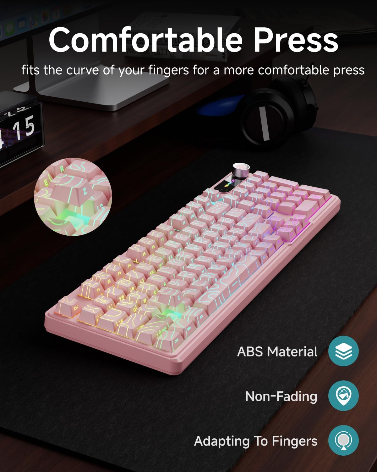EWEADN V102 98 Wired Keyboard, Keys Creamy Gaming Keyboard with Number Pad, Display Screen & Media Knob RGB Silent