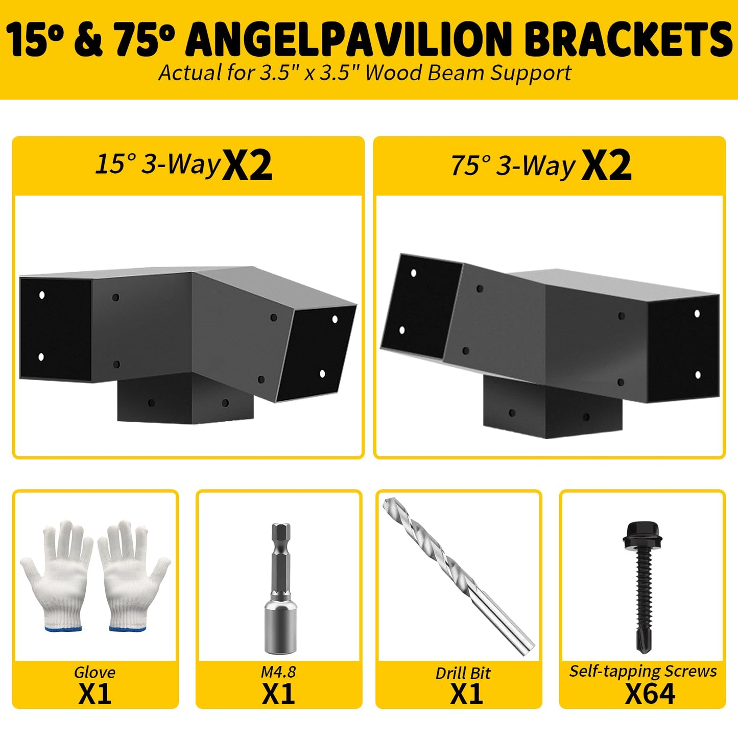 DEVALLEY 3-Way Slant Angle Pergola Brackets Kit,15 Degree UP & 75 Degree Down Right Corner Woodwork Brackets for 4" x 4" (Actual:3.5"x3.5") Lumber for Patio Pergolas,Gazebos,Log Cabin - 4 Pack……