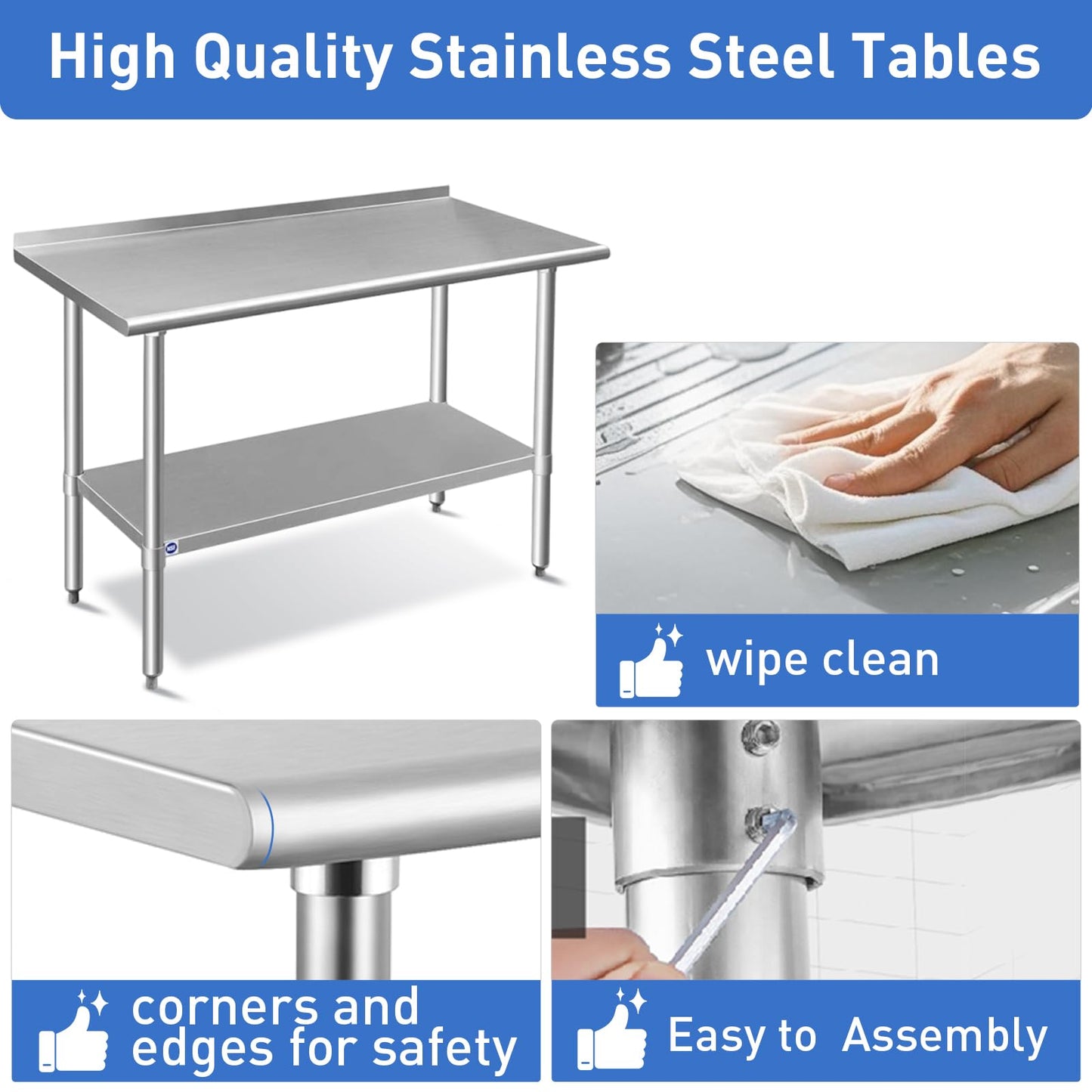 ROCKPOINT Stainless Steel Table for Prep & Work with Backsplash 24x60 Inches, NSF Metal Commercial Kitchen Heavy Duty Table with Adjustable Under Shelf and Table Foot for Restaurant, Home and Hotel
