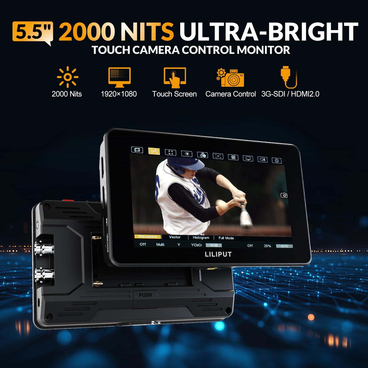 Camera Monitor, 2000nits Ultra-Bright 5.5 Inch Touch Control Screen with HDMI 2.0 3G-SDI Input Output LANC 3D-LUT Waveform Histogram, HT5S