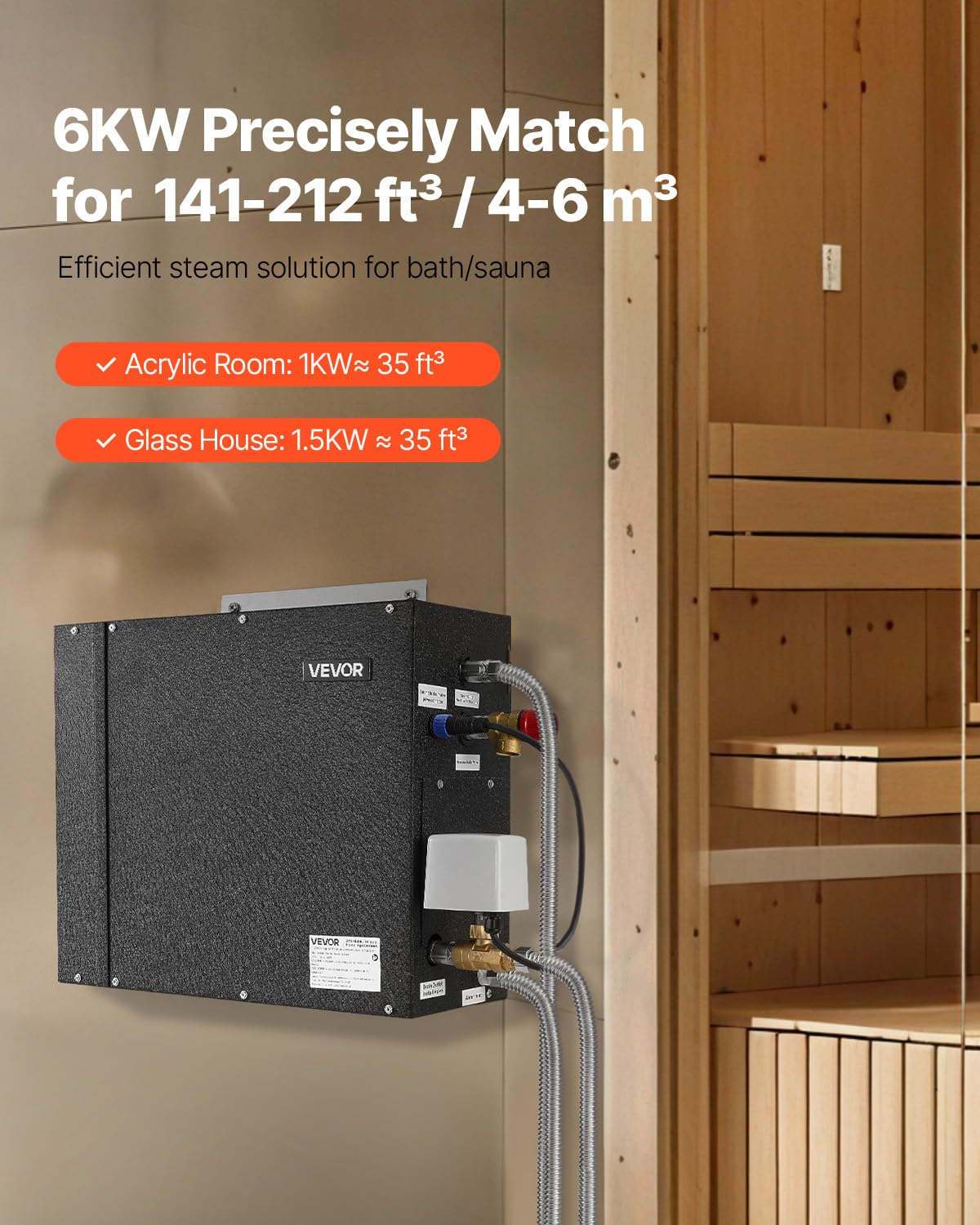 VEVOR Steam Generator, 6 kW Steam Shower System with Controller for Home Sauna & Spa, Commercial Auto Drain Kit with Overheat, Dry-Run & Overpressure Protection, 10min to 24h Timer, Black