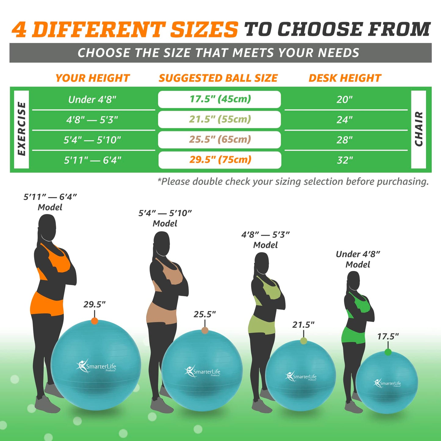 SmarterLife Exercise Ball Yoga Ball for Fitness, Balance, Stability, or Pregnancy, Gym Ball for Core Workout, Physical Therapy, Yoga Ball Chair for Office, Anti-Slip Anti-Burst (45cm, Turquoise)