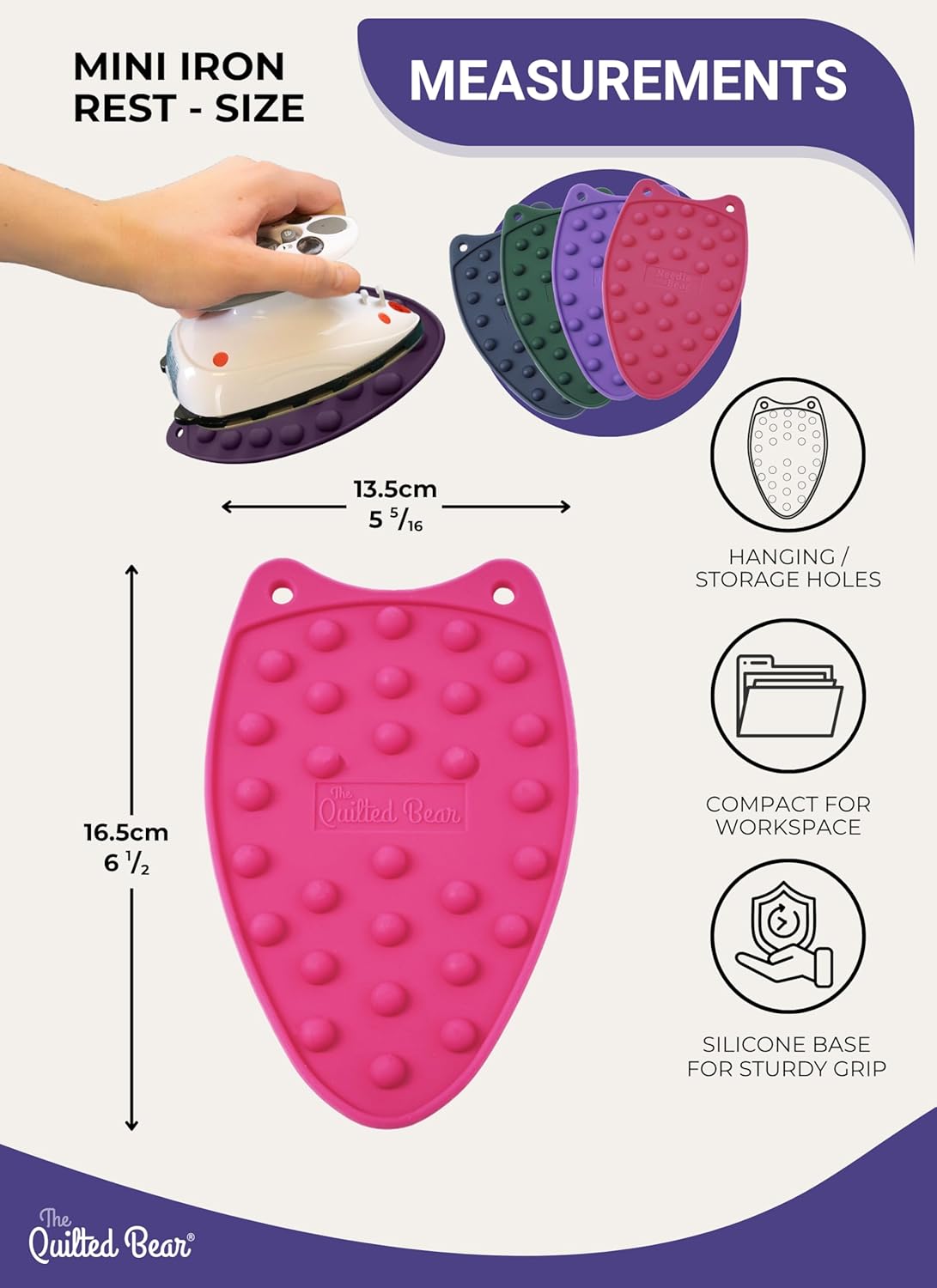 Quilted Bear Mini Iron Rest - Silicone Heat Resistant Mat for Crafting & Sewing - Durable Purple Surface