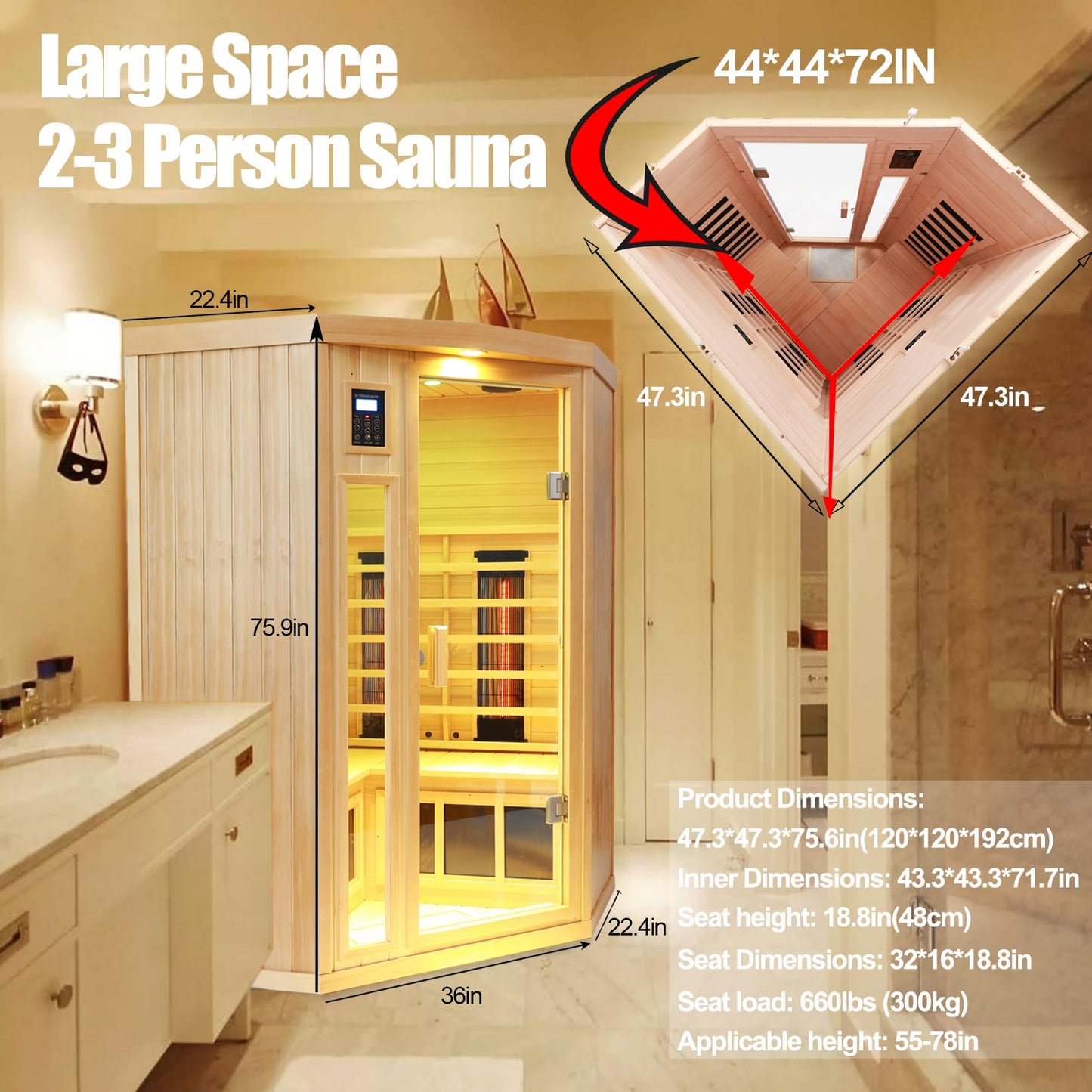 KUNSANA 2-3 Person Infrared Saunas for Home, Low EMF Ceramic Infrared Sauna, Indoor Home Sauna Spa, Hemlock Wooden Corner Suana Room, Bluetooth Speakers, Chromotherapy Lights