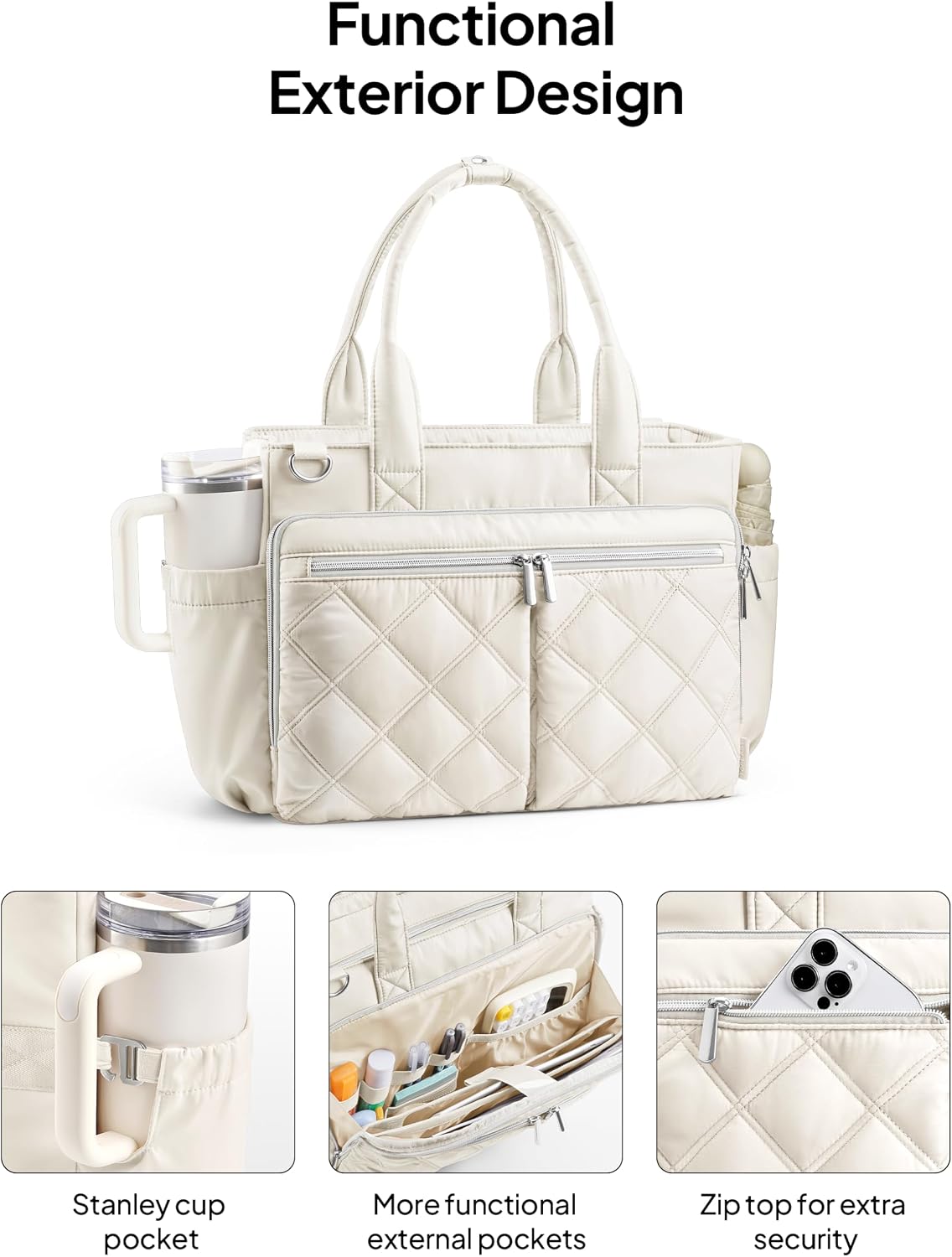 TOPEAST Teacher Tote Bag for Women Lightweight Quilted Laptop Work Travel Handbag with Zipper & Cup Holder for Nurse