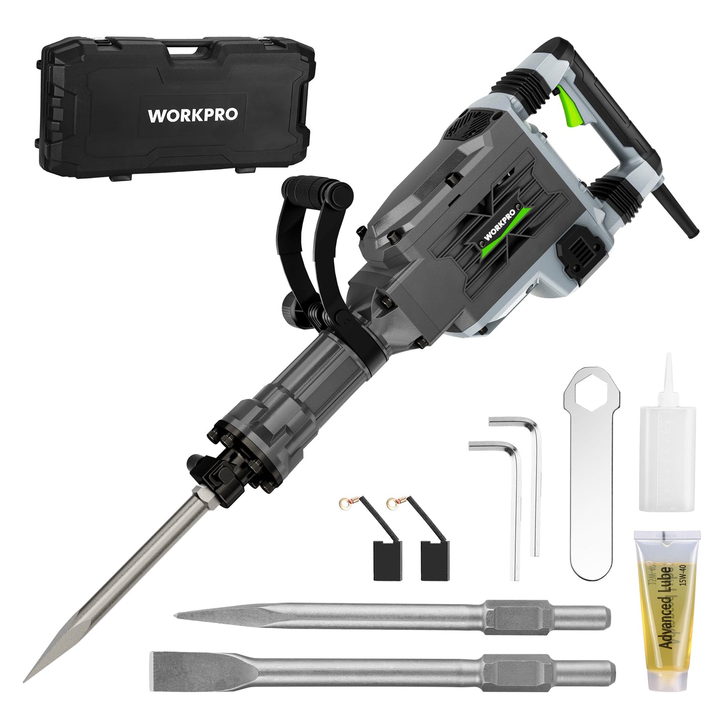 WORKPRO 60 J Demolition Jack Hammer – 15A Heavy Duty Electric Concrete Breaker, 1900 BPM Industrial Jackhammer with 2 HEX30 Chisels, UL Plug, Wheeled Carry Case for Construction & Renovation