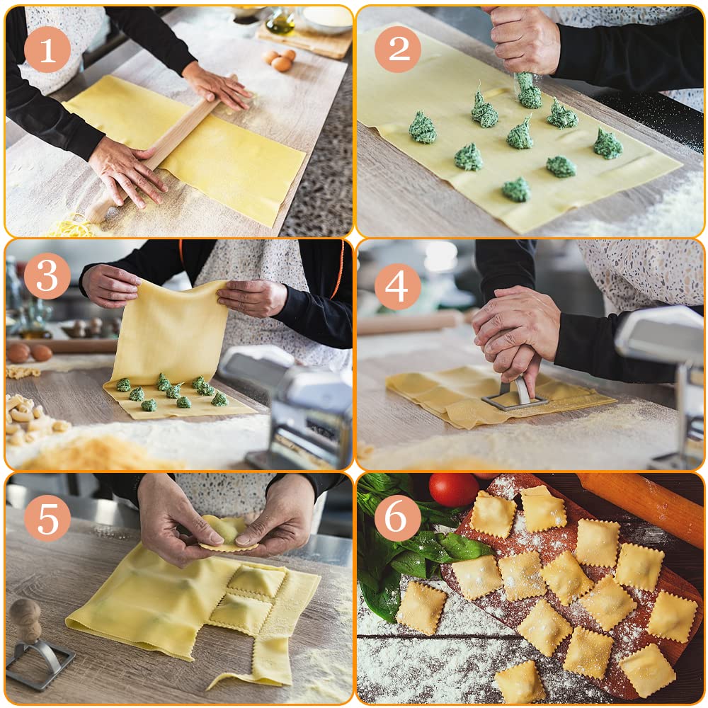 Ravioli Pasta Cutter Wheel Set of 5, Ravioli Makers with Roller Ravioli Stamp Cutter Set with Wooden Handle, Pasta Press Wheel Pasta Maker Tools For Pasta Making Dumplings, Pierogi (Silver)