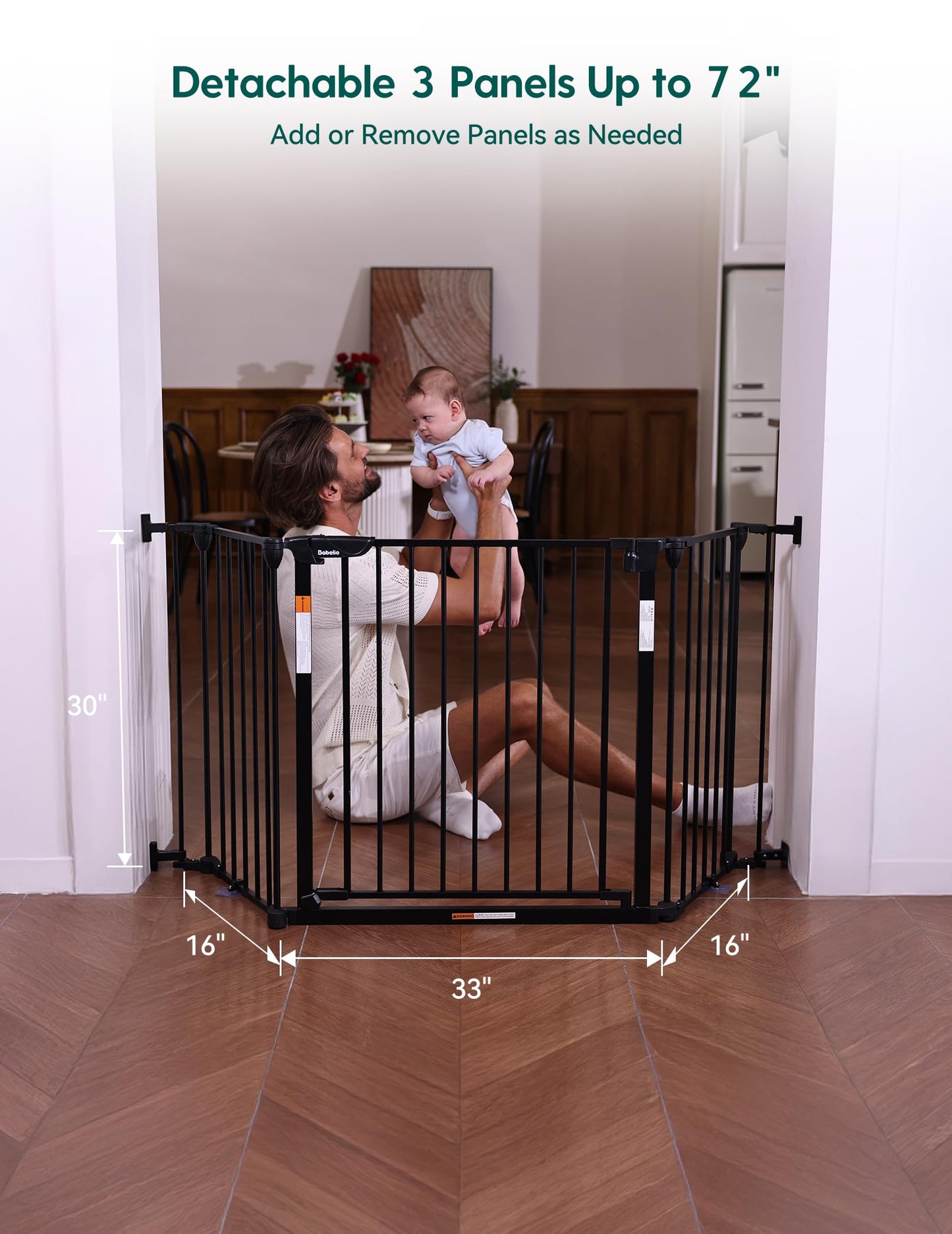 Babelio 72" Extra Wide Baby Gate, 30” Tall Auto Close Dog Fence for Stairs Kitchen Doorways Fireplace, Hardware Mounted Pet Gate Indoor, Foldable 3 Metal Panels, AdaptiZone Series, Black