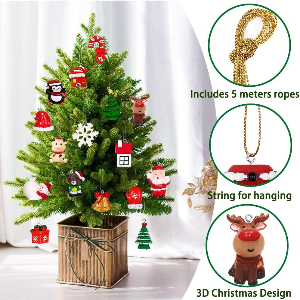 YUJUN Mini Christmas Ornaments Set - 24pcs 3D Resin Figurines for Tree Decoration