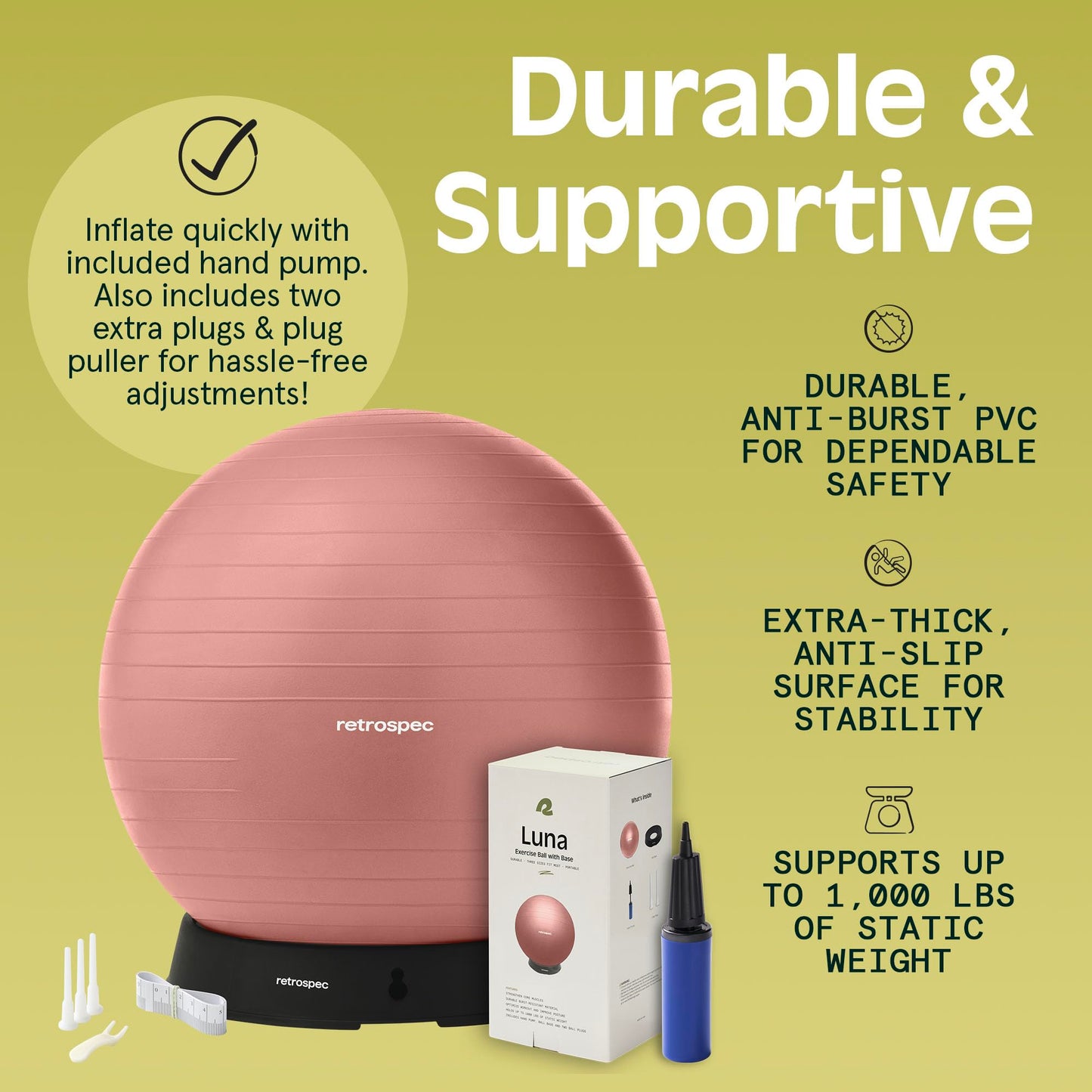 Retrospec Luna Exercise Ball, Base & Pump / Ball & Pump with Anti-Burst Material - Fitness Gym Swiss Ball - Perfect for Balance, Stability, Yoga, Pilates, Pregnancy & Birthing