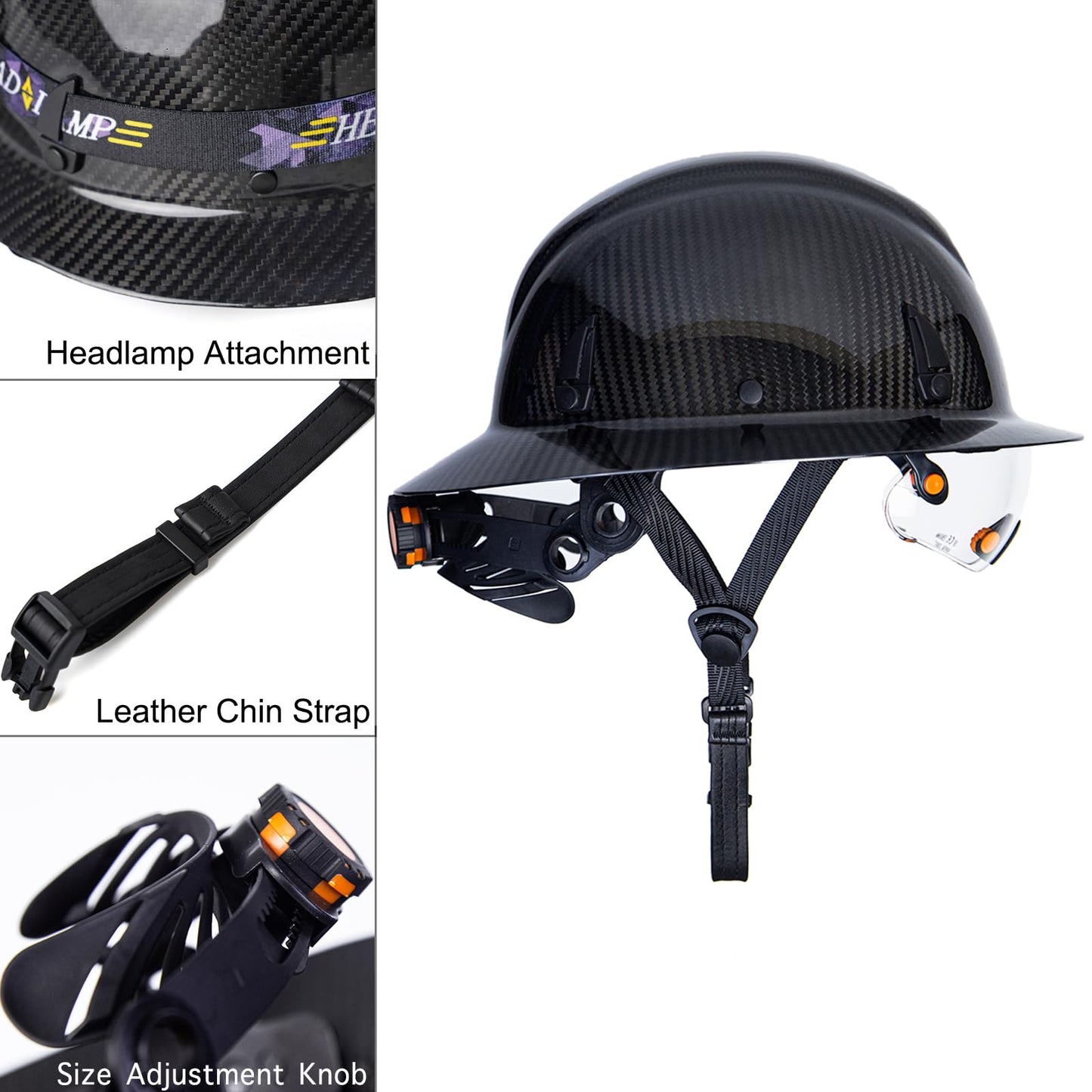 Alacati, Carbon Fiber Hard Hat Full Brim with Goggles- Safety Helmet with 6-Point Adjustable Ratchet Suspension- ANSI Z89.1 Compliant (Black)