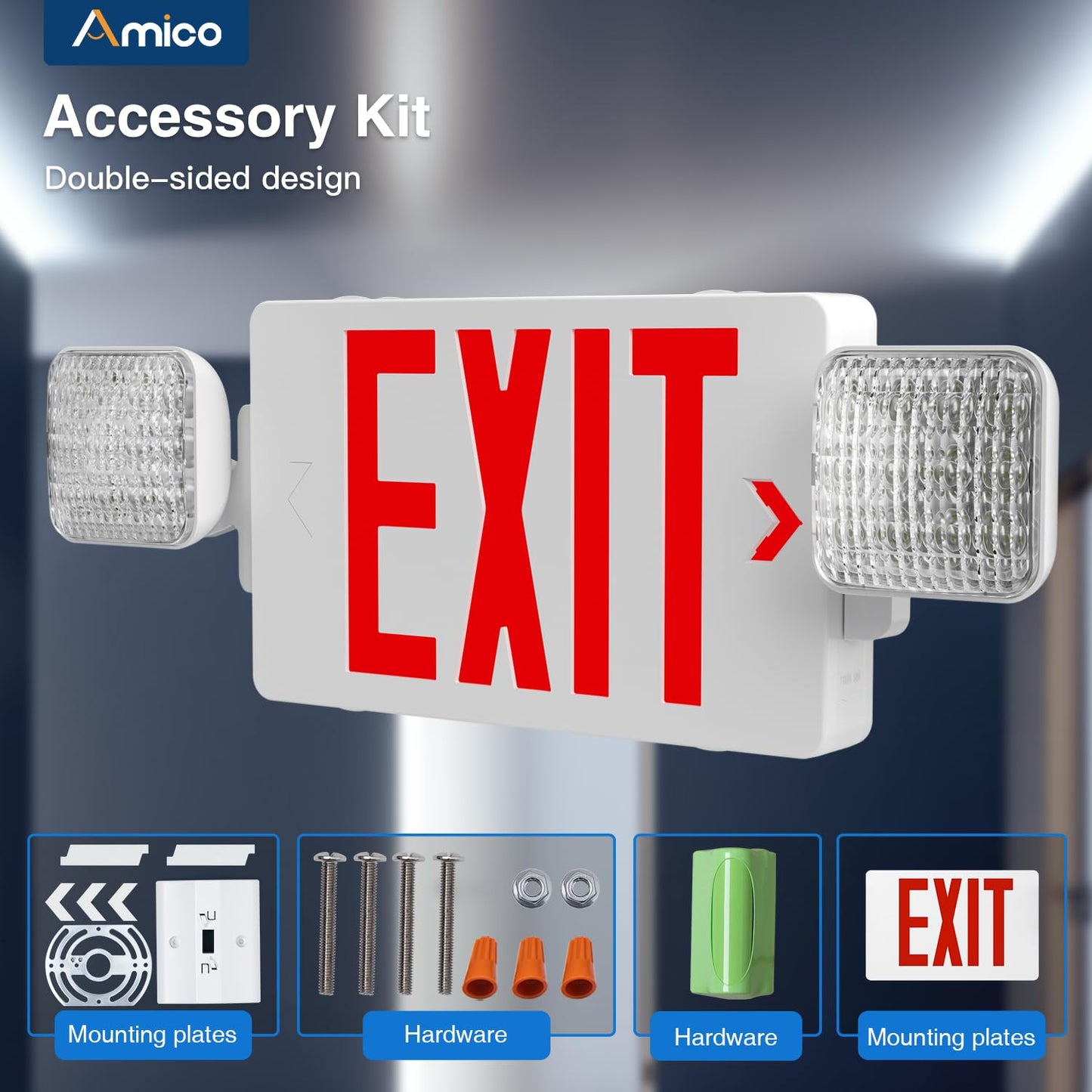 Amico 4 Pack Red Exit Signs with Emergency Lights, Commercial Grade, 94V-0 Fire Resistant Housing, Two LED Adjustable Head, Emergency Exit Sign with Lights Battery Backup, ETL Certified, AC 120/277V