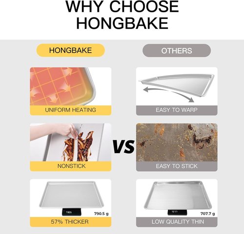 HONGBAKE Half Baking Sheet Pan Set - Nonstick Heavy-Duty Cookie Trays | Dishwasher Safe, Silver, 2-Pack
