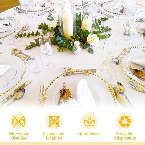 fani 24 Pack Clear Charger Plates Bulk 13 Inch Plastic Round Dinner Chargers with Beaded Rim, Acrylic Decorative Service Plates for Wedding Party Event, Home and Tabletop Decor (Gold)