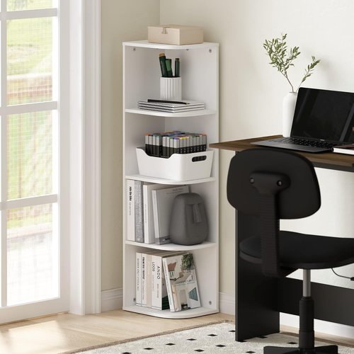 Furinno Pasir 4-Tier Corner Bookcase - Stylish White Open Shelf Design for Space-Saving Storage