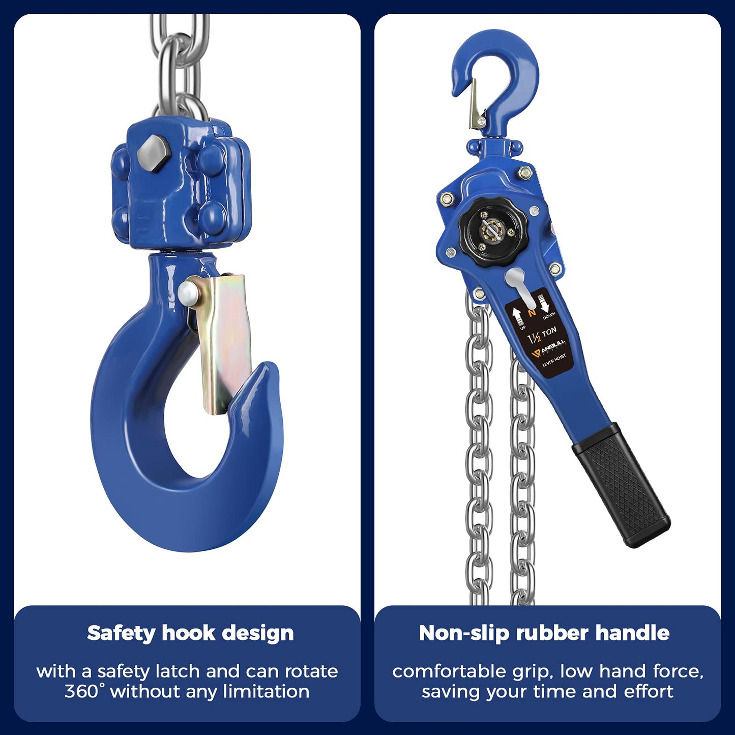 ANBULL Lever Chain Hoist 3300LBS 20FT, 1-1/2 Ton 6M Manual Ratchet Chain Puller Hoist w/G80 Galvanized Chain & Portable Hooks, lever block hand come along