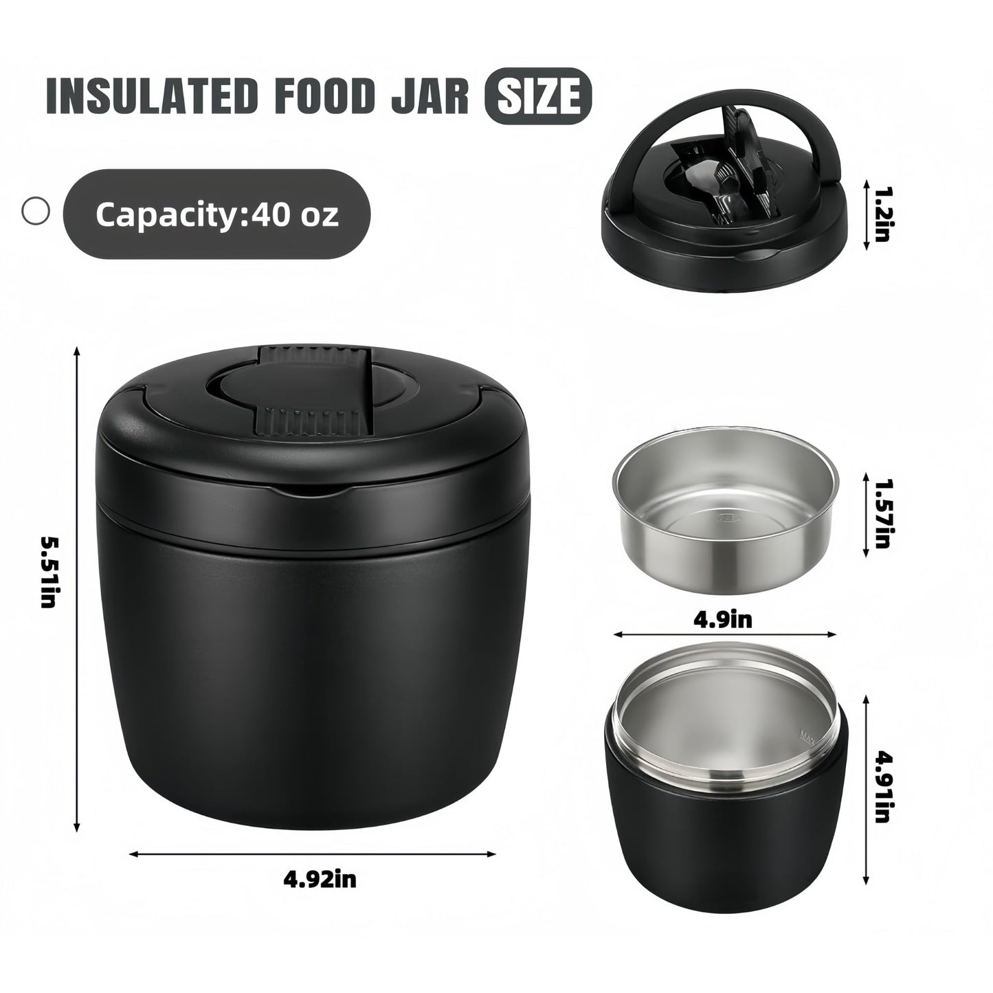 Yuyng Way 40oz Insulated Lunch Container with Thermal Bag & Folding Spoon – Stainless Steel Leak Proof Food Jar, Large Capacity Bento Box for Hot Food, Thermos for Adults Office Work