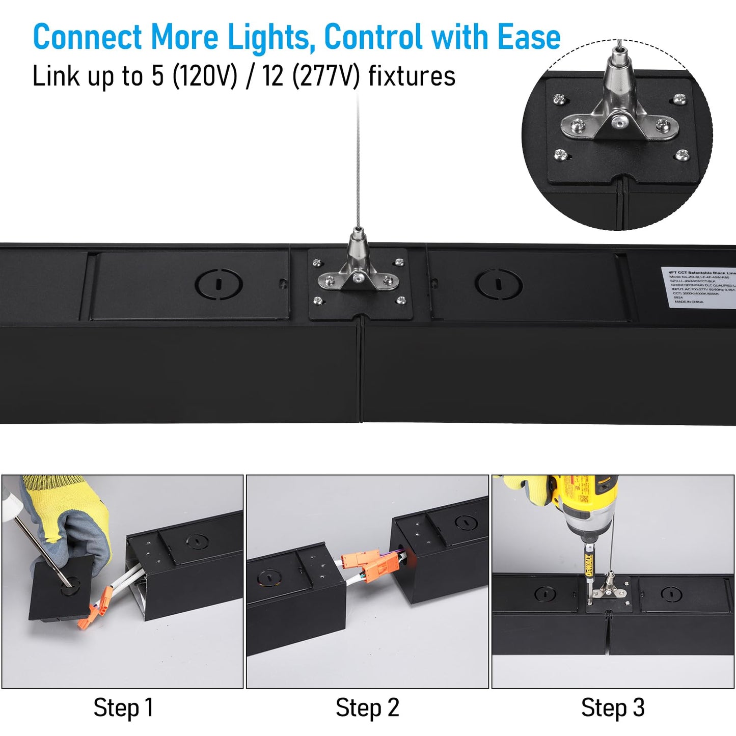 LEONLITE 8FT Linkable LED Linear Light, Dimmable Architectural LED Suspension Office Lighting Fixture, 80W, 3CCT, ETL Listed, Matte Black Aluminum Housing, Pack of 2