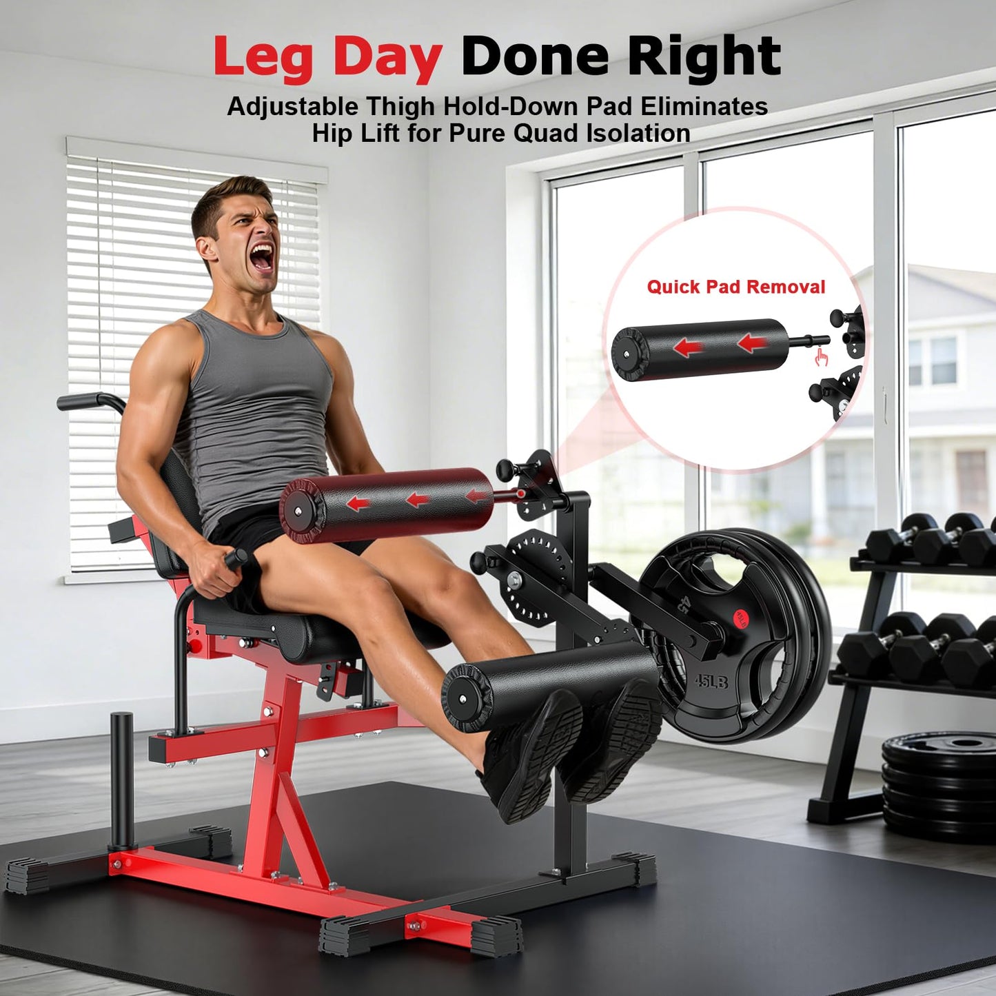 XDDIAS Leg Extension and Curl Machine, Adjustable Seated/ Lying Leg Exercise Machine for Home Gym, 1000LB Plate-Loaded Leg Workout Equipment with Thigh Hold-Down Pad, Extended Sleeve Fit 1''/2'' Plate