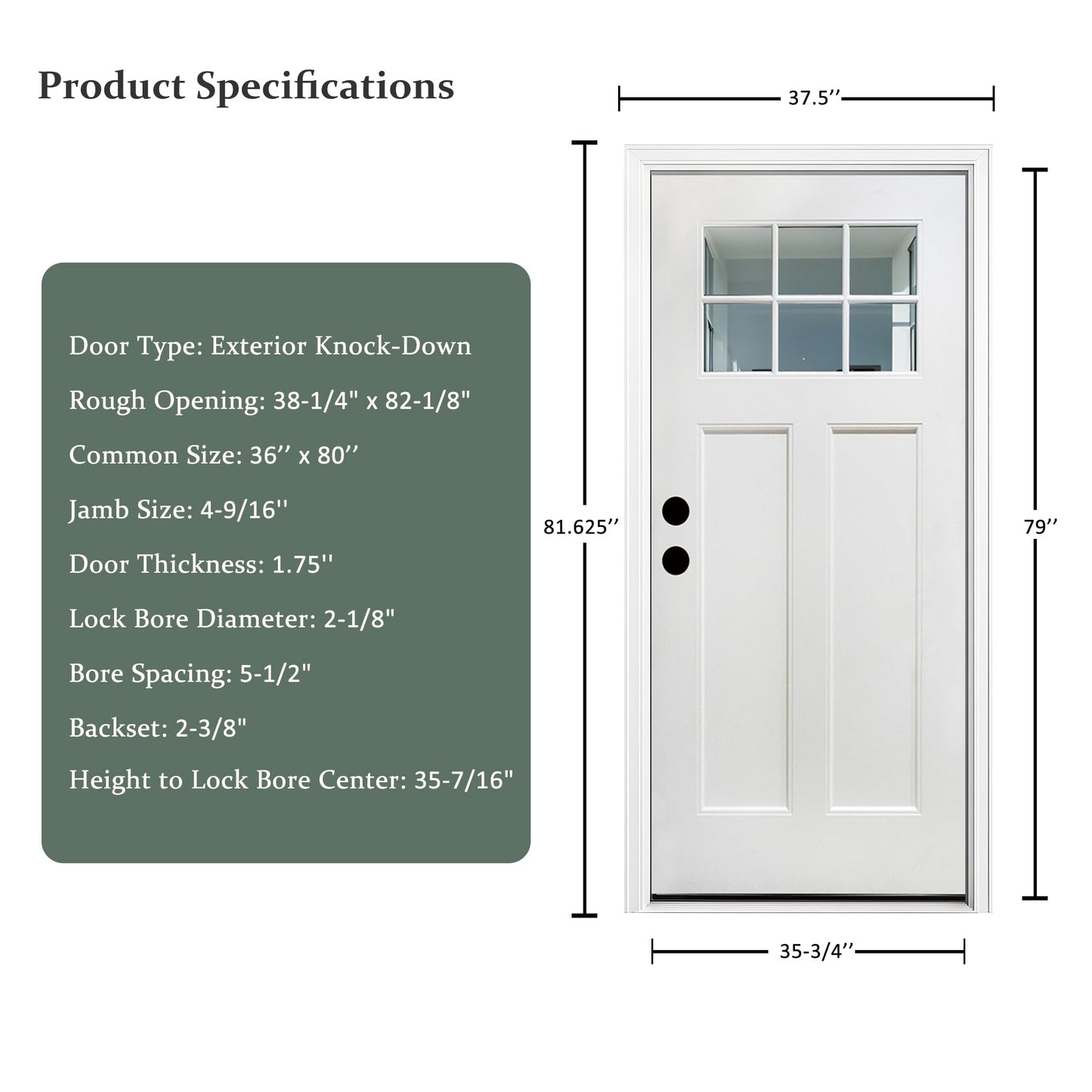 Fiberglass Entry Door, 36'' x 80'' Front Exterior Door with Brickmould and Vinyl Frame, Right Hand Inswing White Primed Knock-Down Door 4-9/16in, 6 Lite Low-E Glass
