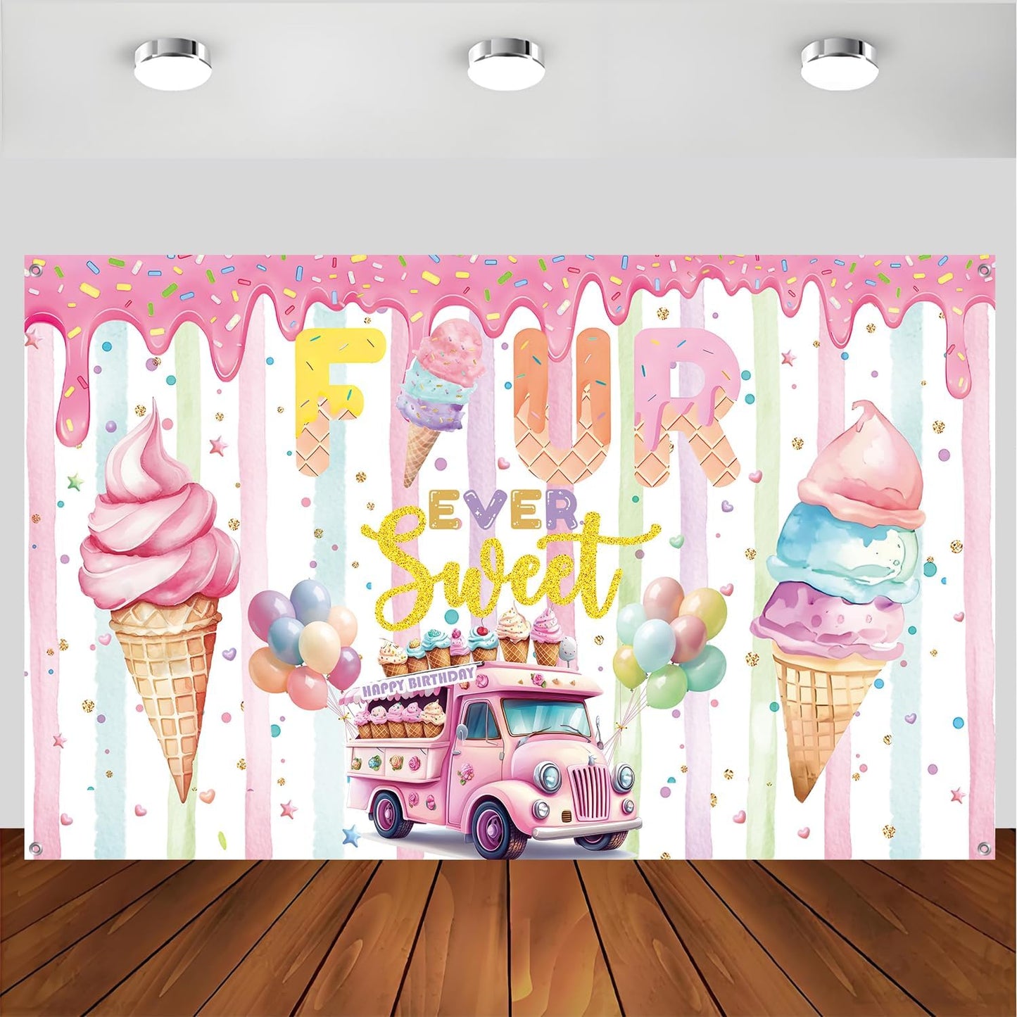 xuanflyF 4th 4th Ice Cream Birthday Party Decoration, Ice Cream Birthday Backdrop Banner, Four Ever Sweet Birthday