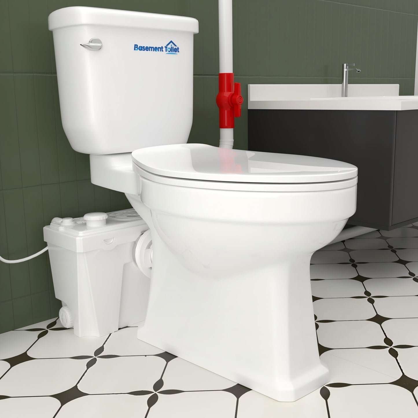 Macerating Toilet with 4 Water Inlets – Upflush Toilet System with Macerator Pump for Basement, Bathroom, Kitchen, and RV Installation – Round Bowl Toilet with Tank & Extension Pipe