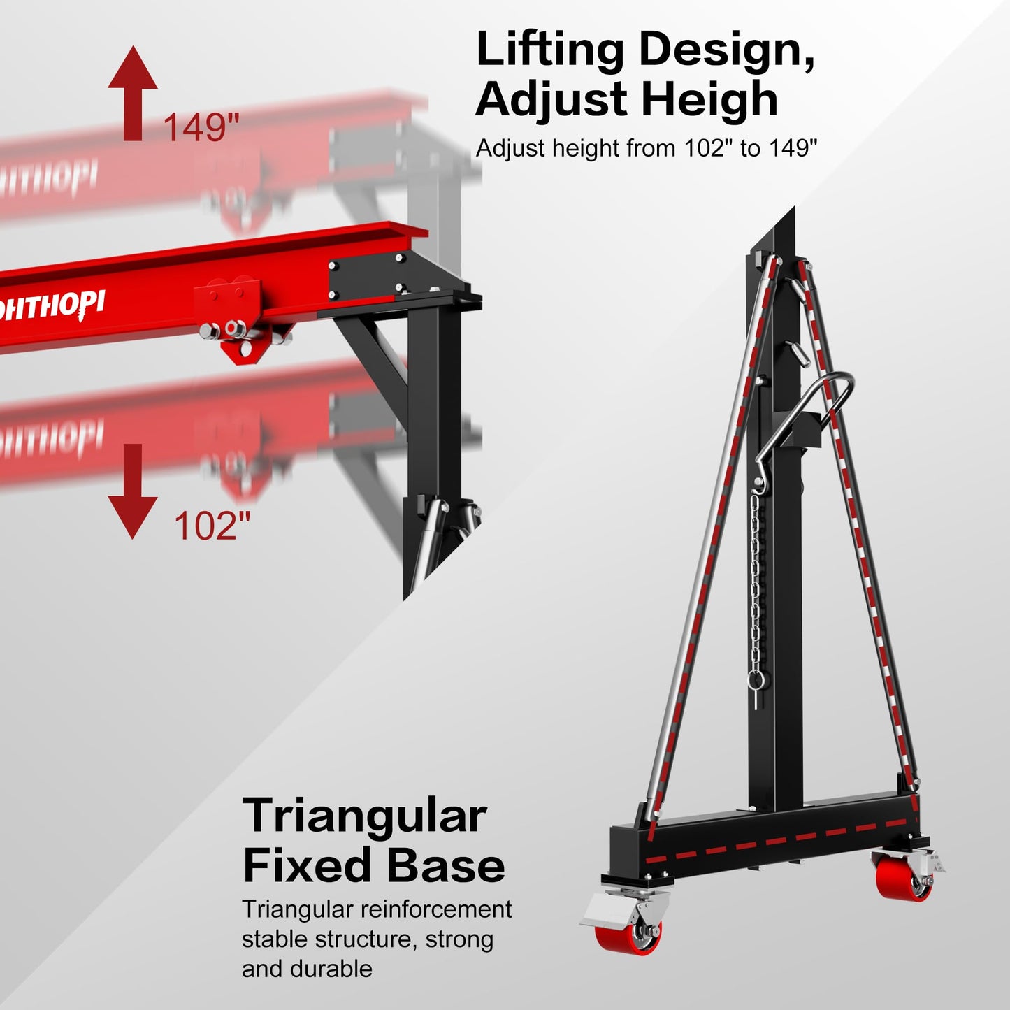 LDHTHOPI 3 Ton Gantry Crane, 6600LBS Adjustable Gantry Crane with 8.53-12.47ft Height, Shop Lift Hoist with Manual Trolley, Hook & Shackles for Warehouse, Factory,Auto Repair & Construction, Red