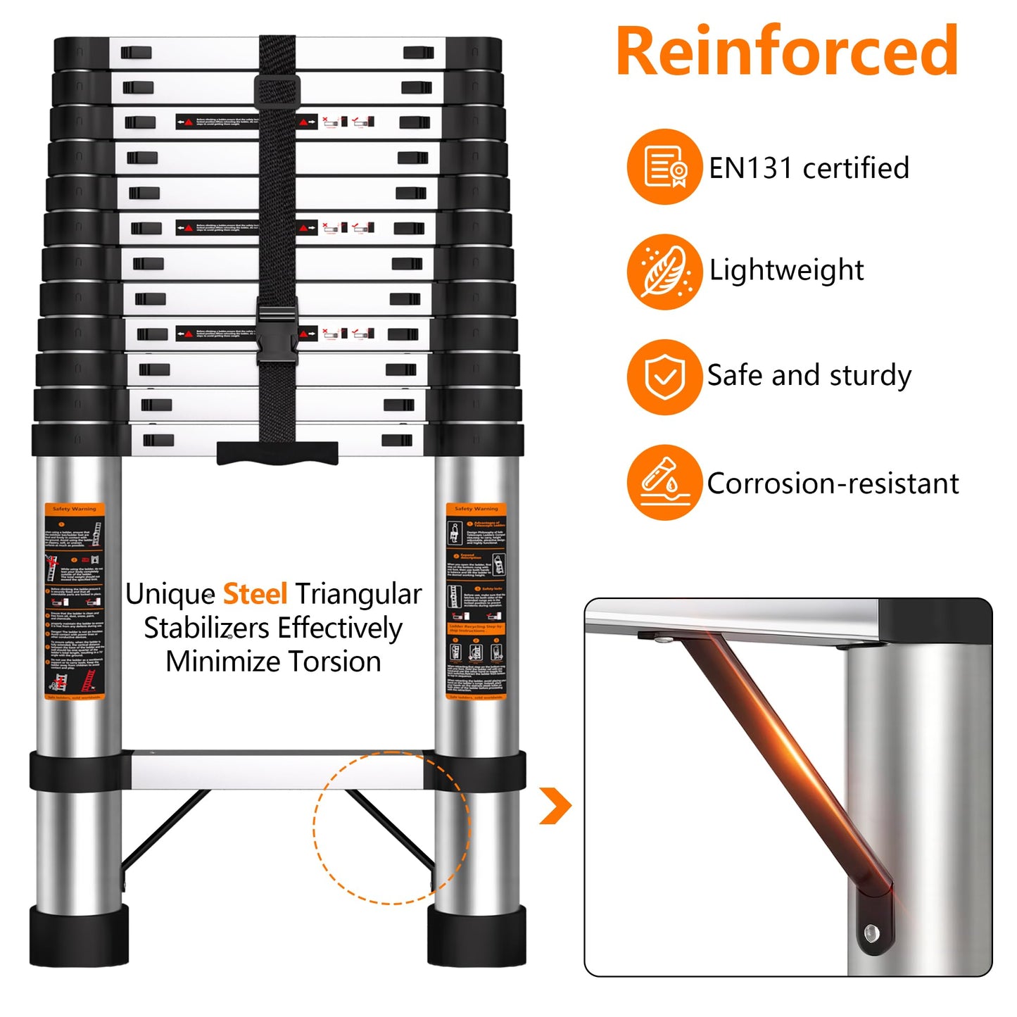 Telescoping Ladder 16.5 FT Stainless Steel Extension Ladder with 2 Detachable Hooks, Portable Multi-Purpose Collapsible Telescope Ladder for Home,RV,Outdoor Work, 330lbs Max Capacity